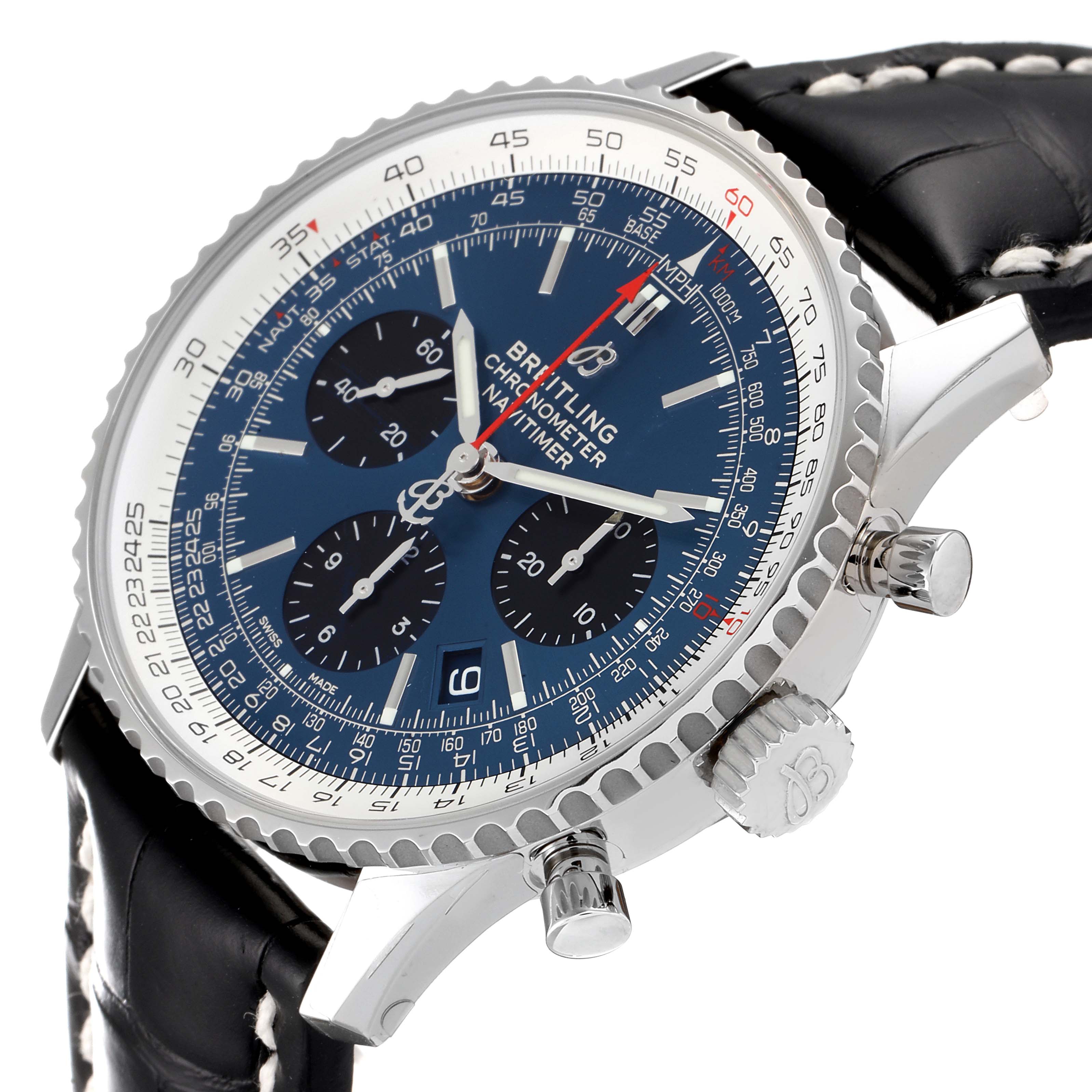 The image shows a Breitling Navitimer AB0121C4-C920-731P Men's Stainless Steel Blue Dial AB0121C4-C920-731P Men's Stainless Steel Blue Dial watch at an angle, highlighting the face, bezel, crown, pushers, and leather strap.