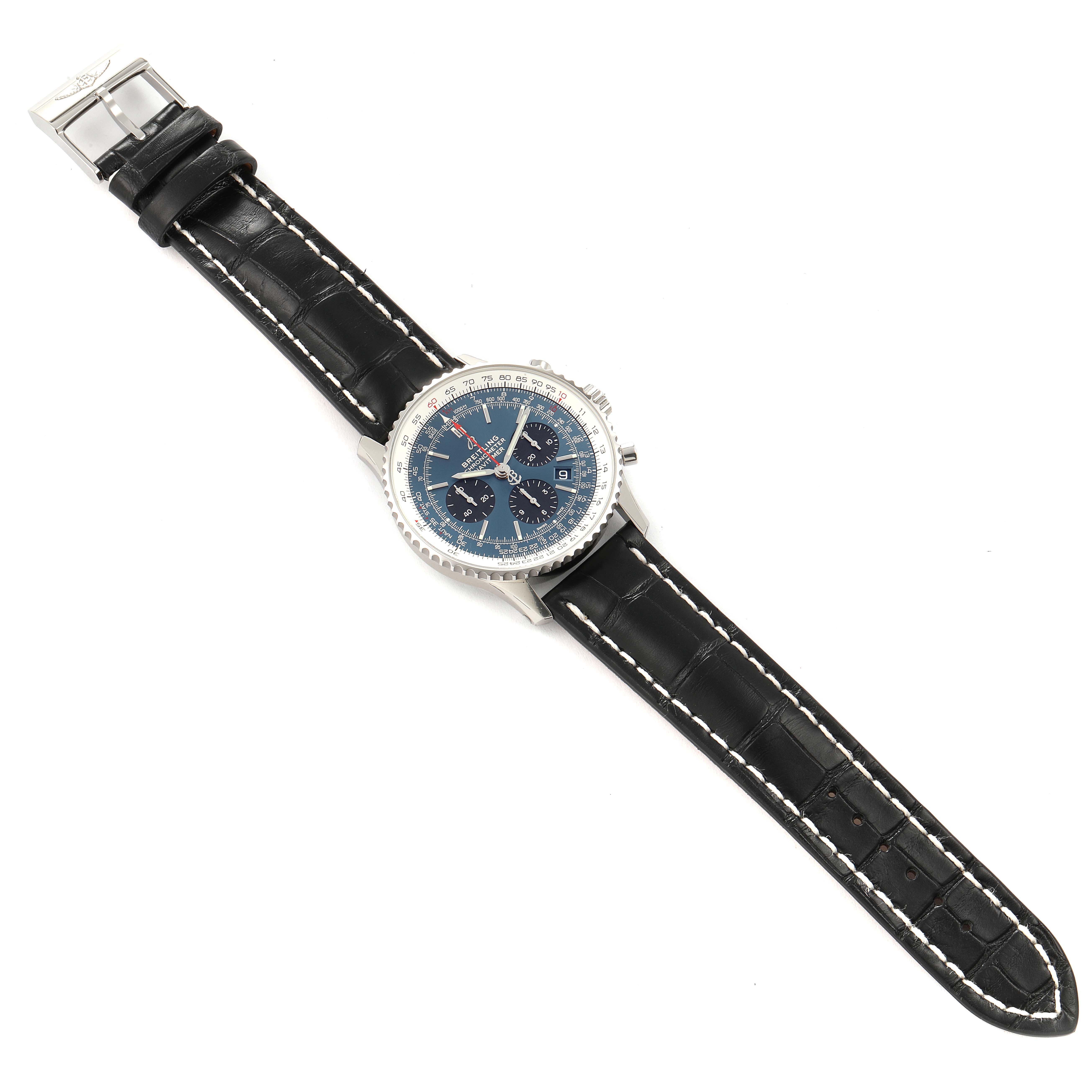 The image shows a top-down view of a Breitling Navitimer AB0121C4-C920-731P Men's Stainless Steel Blue Dial AB0121C4-C920-731P Men's Stainless Steel Blue Dial model watch with a black leather strap and a blue dial.