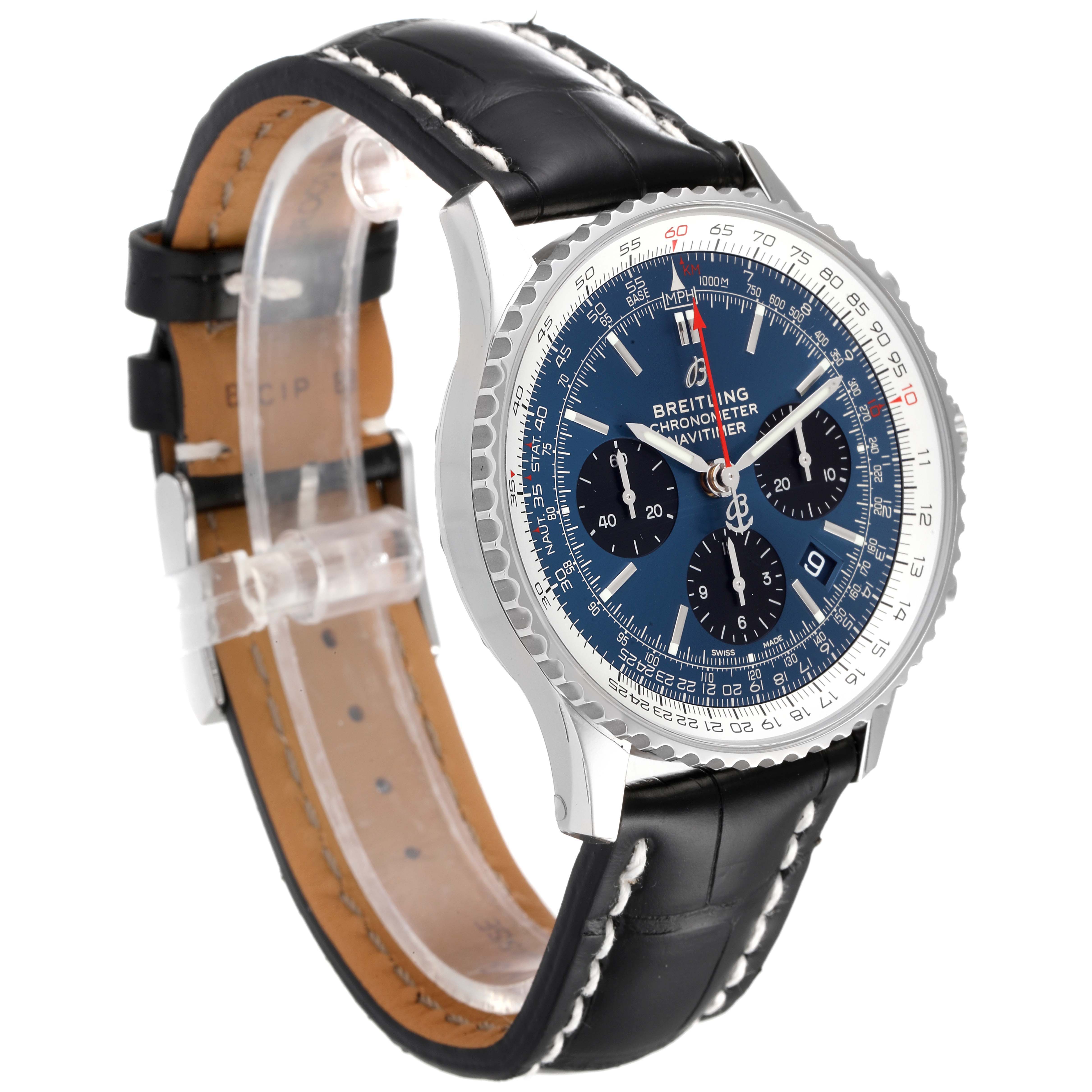 The image shows a Breitling Navitimer AB0121C4-C920-731P Men's Stainless Steel Blue Dial AB0121C4-C920-731P Men's Stainless Steel Blue Dial watch from a front-side angle, highlighting the dial, bezel, and leather strap.