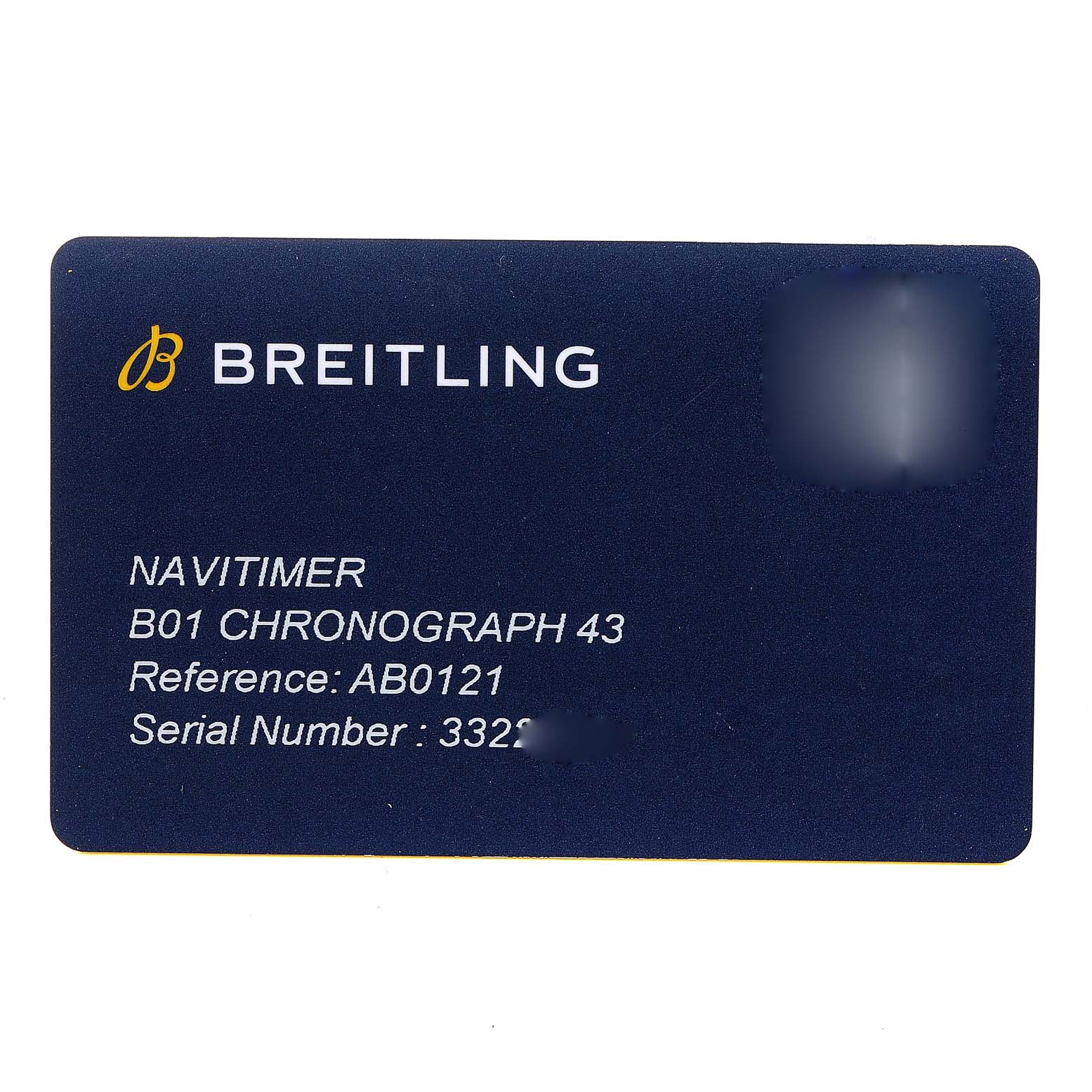 The image shows a warranty card for the Breitling Navitimer AB0121C4-C920-731P Men's Stainless Steel Blue Dial AB0121C4-C920-731P Men's Stainless Steel Blue Dial B01 Chronograph 43 with details like reference and serial number.