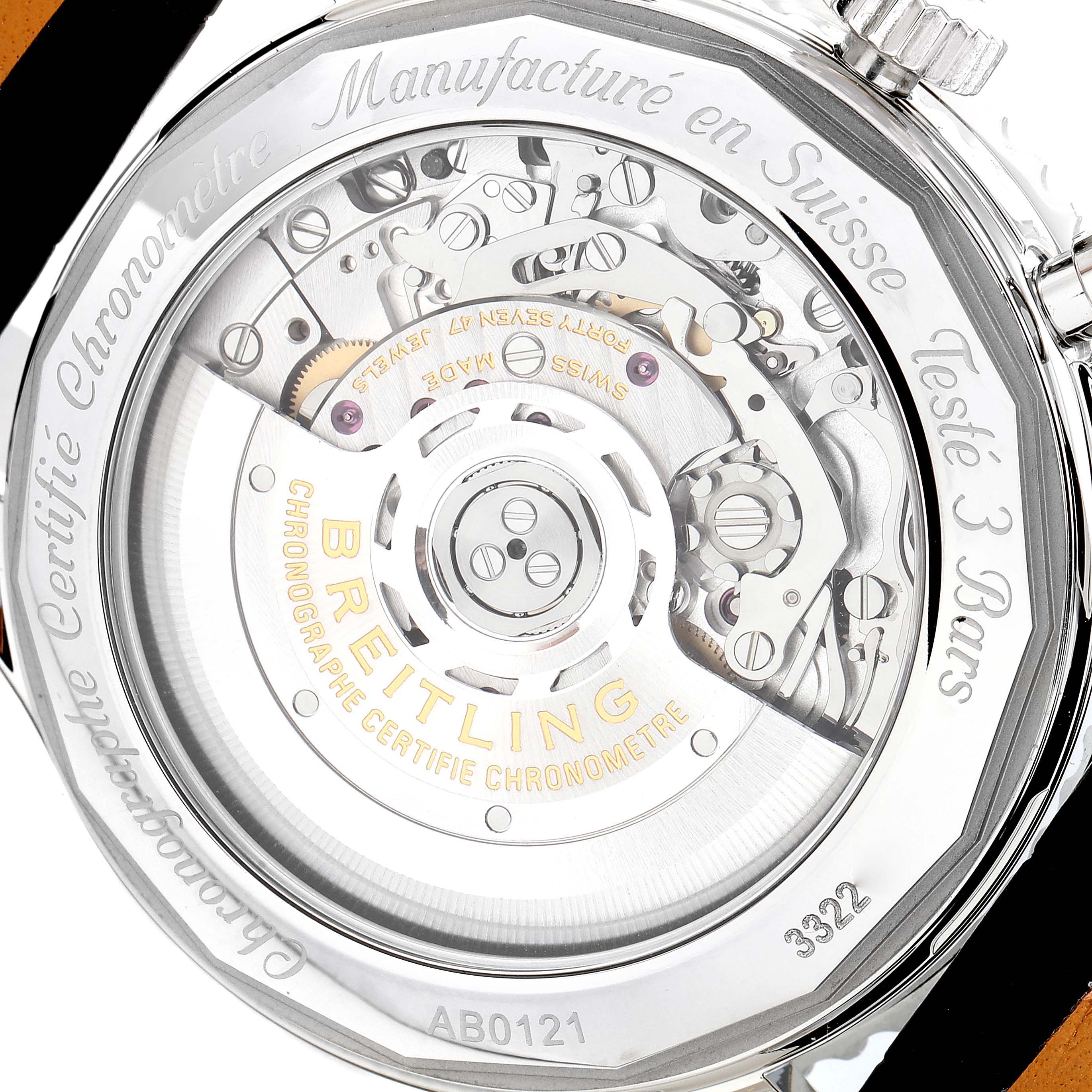 This image shows the back view of the Breitling Navitimer AB0121C4-C920-731P Men's Stainless Steel Blue Dial AB0121C4-C920-731P Men's Stainless Steel Blue Dial watch, highlighting the detailed movement and engravings.