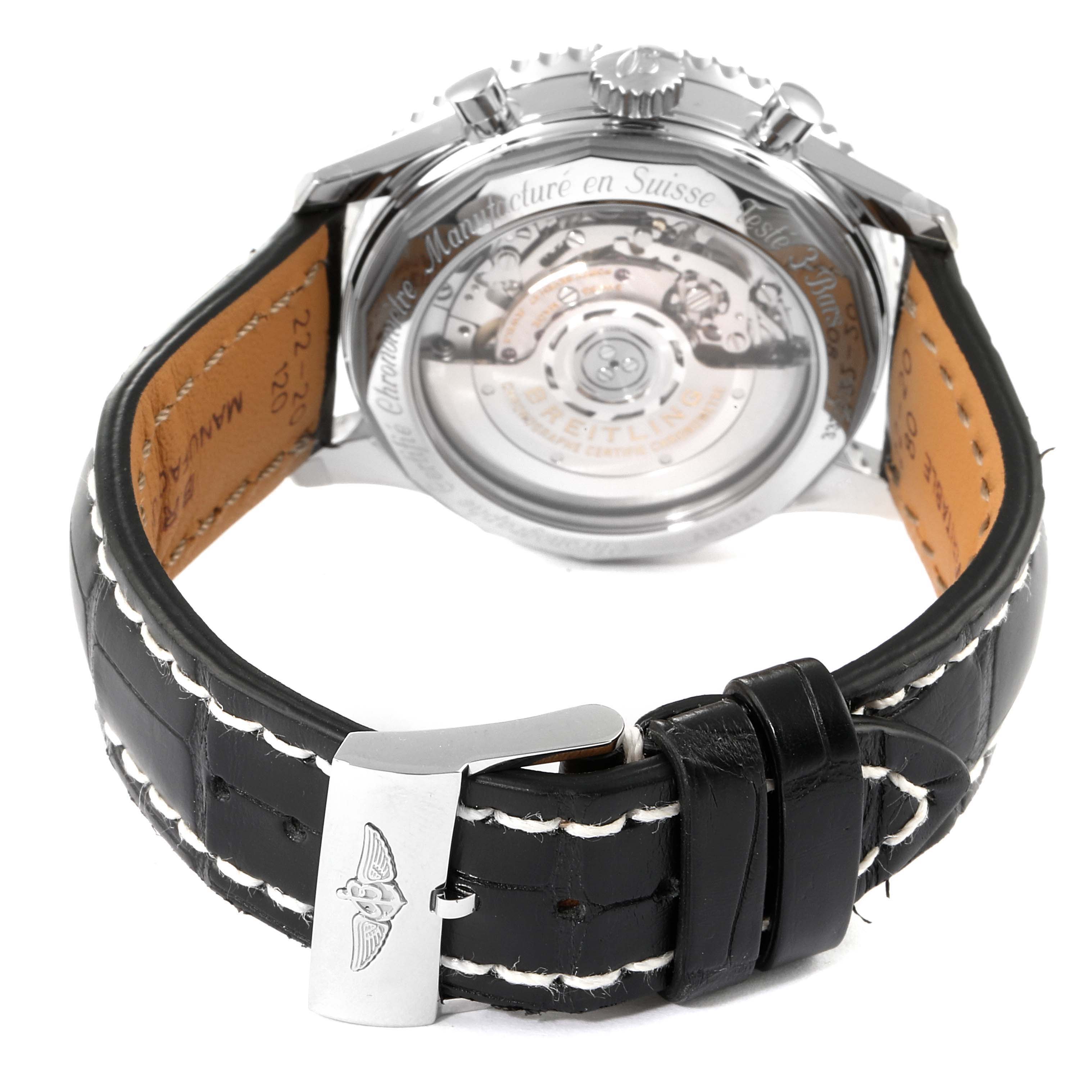 This image shows the back of a Breitling Navitimer AB0121C4-C920-731P Men's Stainless Steel Blue Dial AB0121C4-C920-731P Men's Stainless Steel Blue Dial watch, displaying the movement and black leather strap with a clasp.