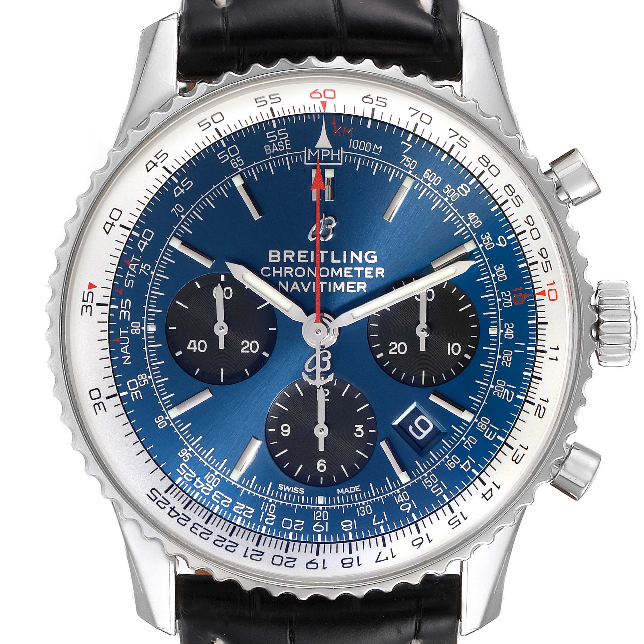 The image shows a frontal angle of a Breitling Navitimer AB0121C4-C920-731P Men's Stainless Steel Blue Dial AB0121C4-C920-731P Men's Stainless Steel Blue Dial watch, highlighting its dial, bezel, and three sub-dials.