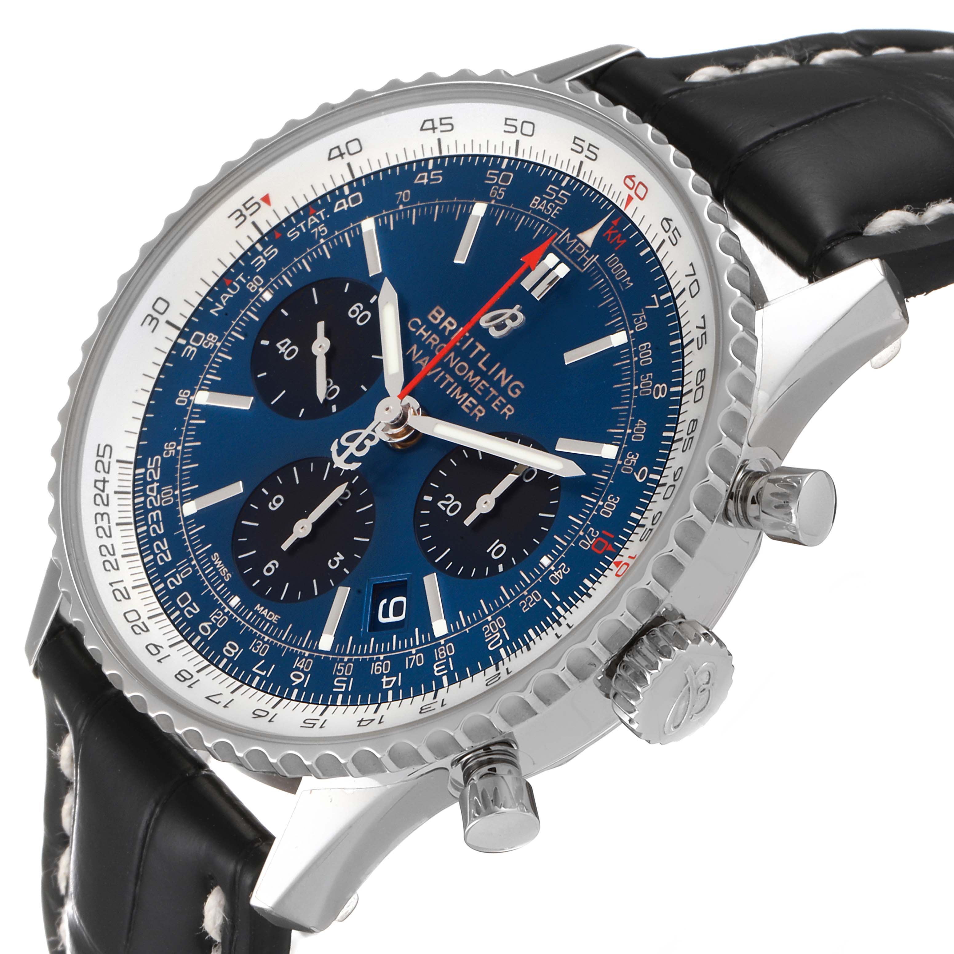 The image shows a close-up view of the Breitling Navitimer AB0121C4-C920-731P Men's Stainless Steel Blue Dial AB0121C4-C920-731P Men's Stainless Steel Blue Dial watch, highlighting its blue dial, chronograph subdials, and stitched black leather strap.