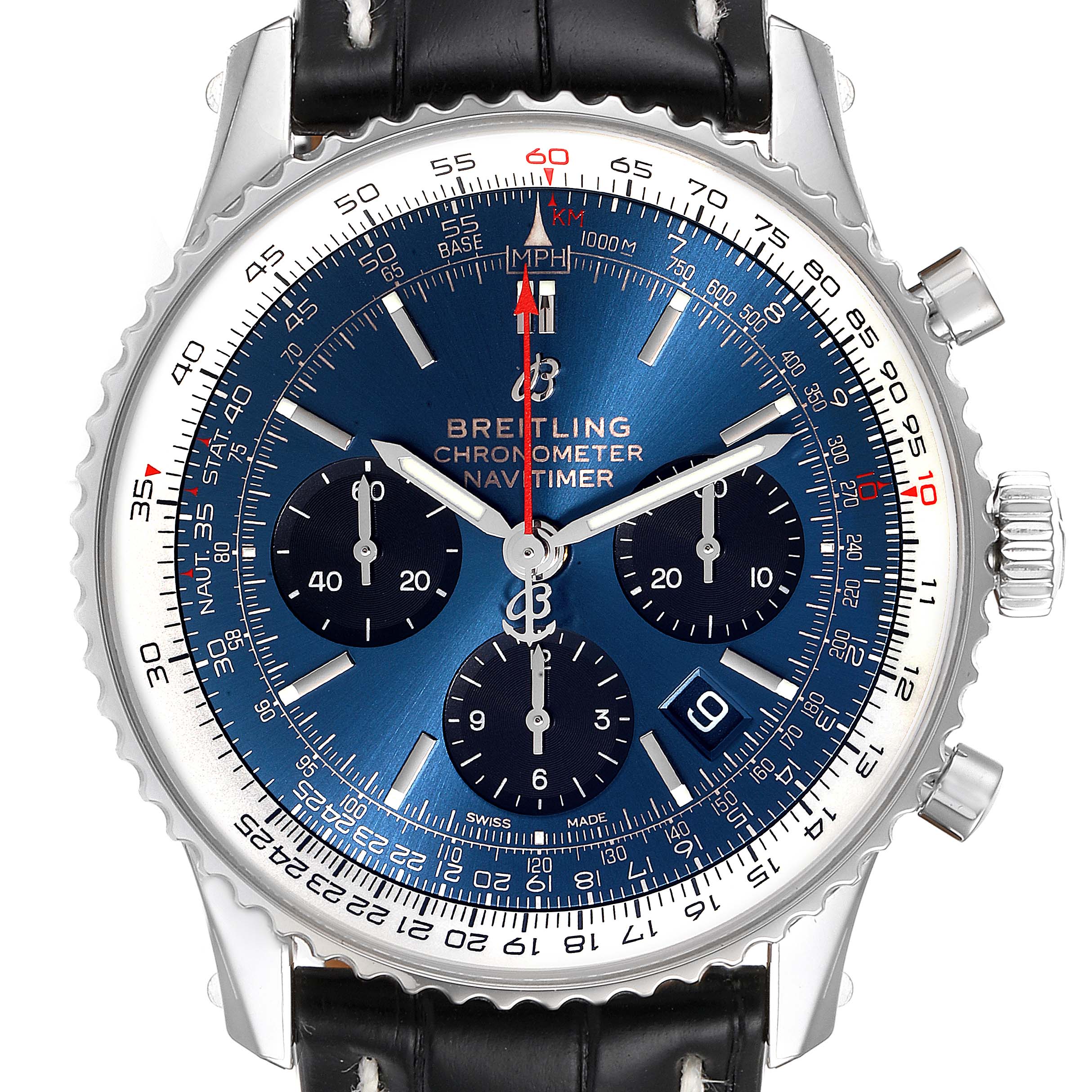 The image shows a front view of a Breitling Navitimer AB0121C4-C920-731P Men's Stainless Steel Blue Dial AB0121C4-C920-731P Men's Stainless Steel Blue Dial watch with a blue dial, three subdials, and a black leather strap.