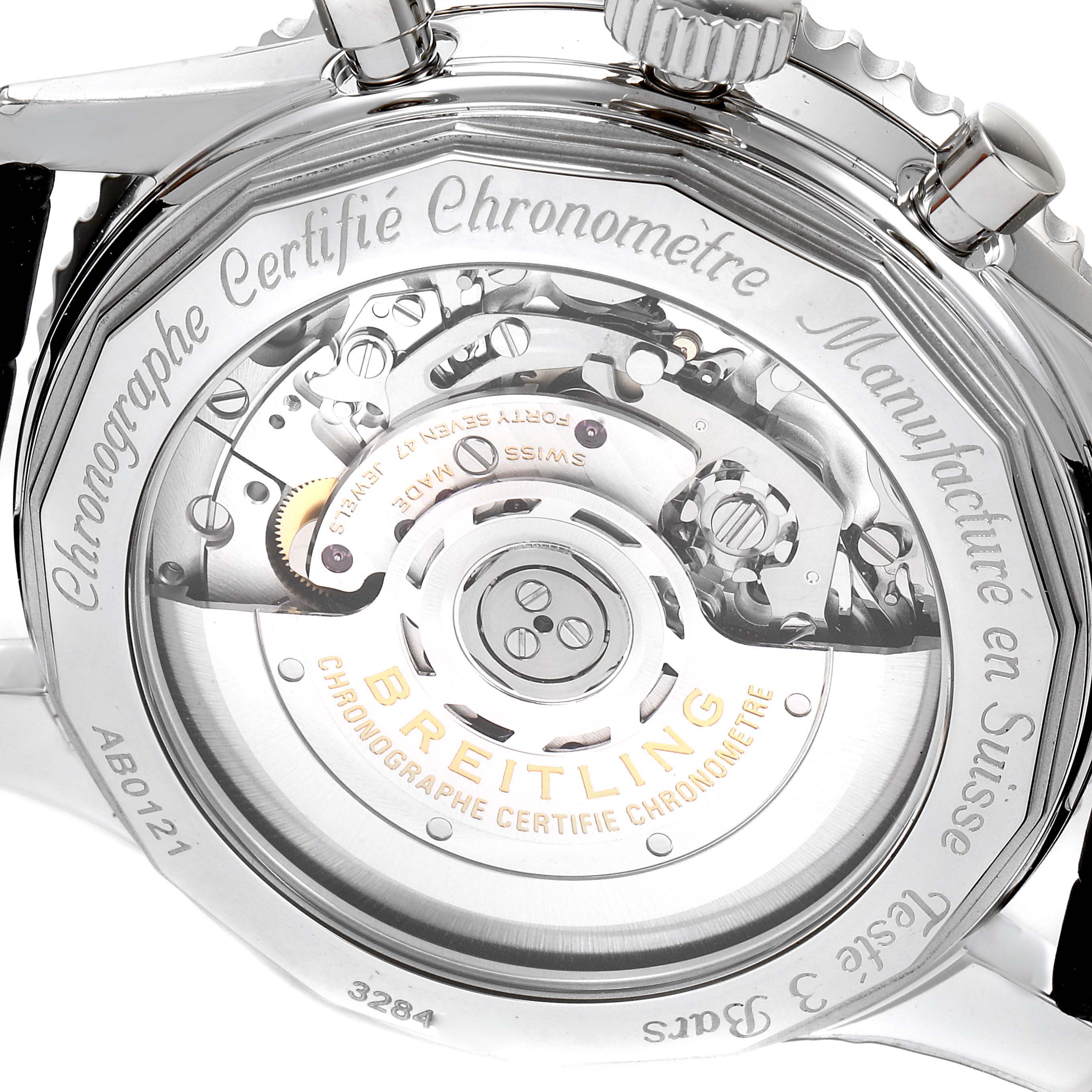 The image shows the back view of a Breitling Navitimer AB0121C4-C920-731P Men's Stainless Steel Blue Dial AB0121C4-C920-731P Men's Stainless Steel Blue Dial watch, highlighting the detailed movement and engraved text.