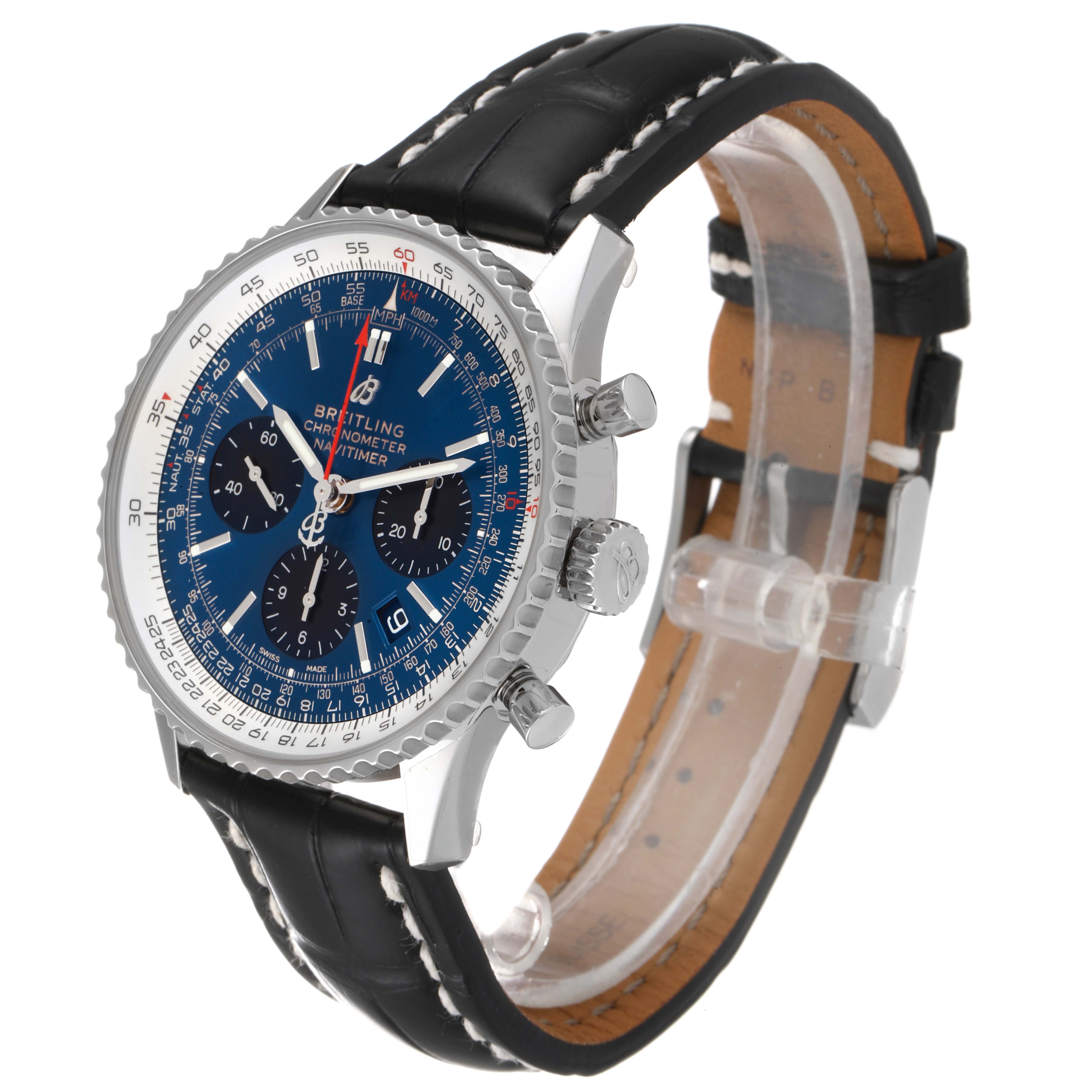 The Breitling Navitimer AB0121C4-C920-731P Men's Stainless Steel Blue Dial AB0121C4-C920-731P Men's Stainless Steel Blue Dial watch is shown at a 3/4 angle displaying its blue dial, chronograph subdials, and black leather strap.