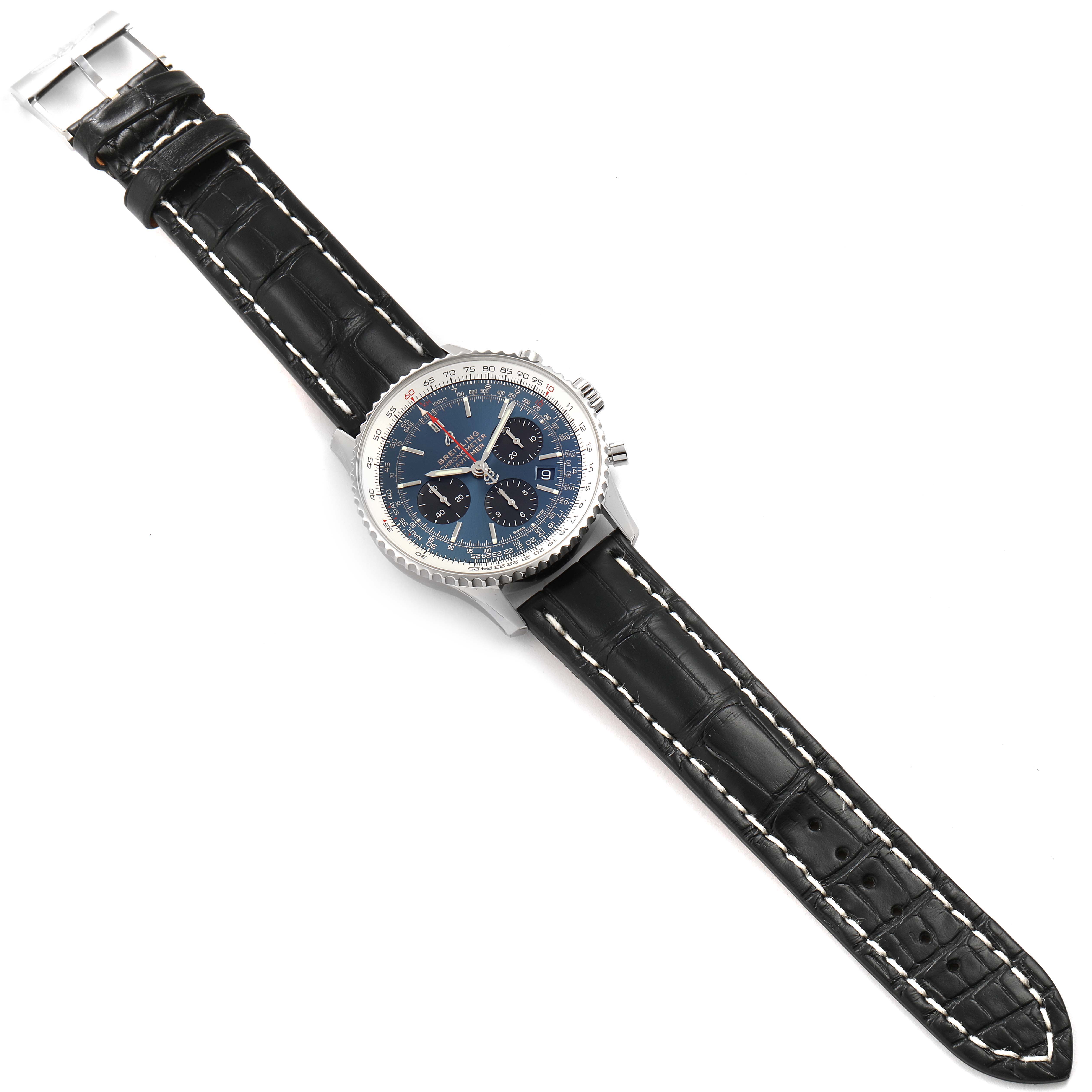 The image shows a top view of a Breitling Navitimer AB0121C4-C920-731P Men's Stainless Steel Blue Dial AB0121C4-C920-731P Men's Stainless Steel Blue Dial watch with a black leather strap and blue dial.
