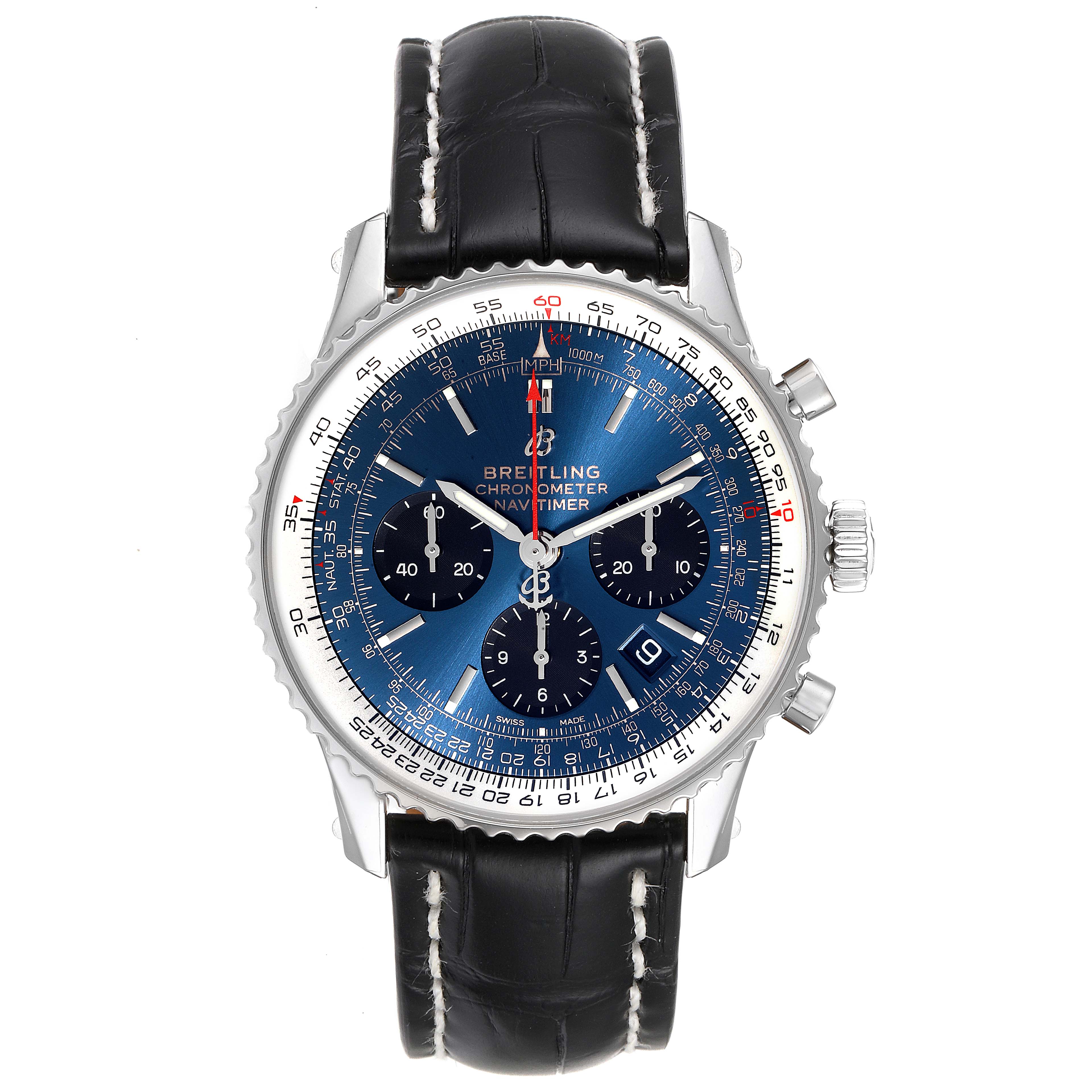This Breitling Navitimer AB0121C4-C920-731P Men's Stainless Steel Blue Dial AB0121C4-C920-731P Men's Stainless Steel Blue Dial model watch is shown from a top-down angle, displaying the dial, bezel, sub-dials, and strap.