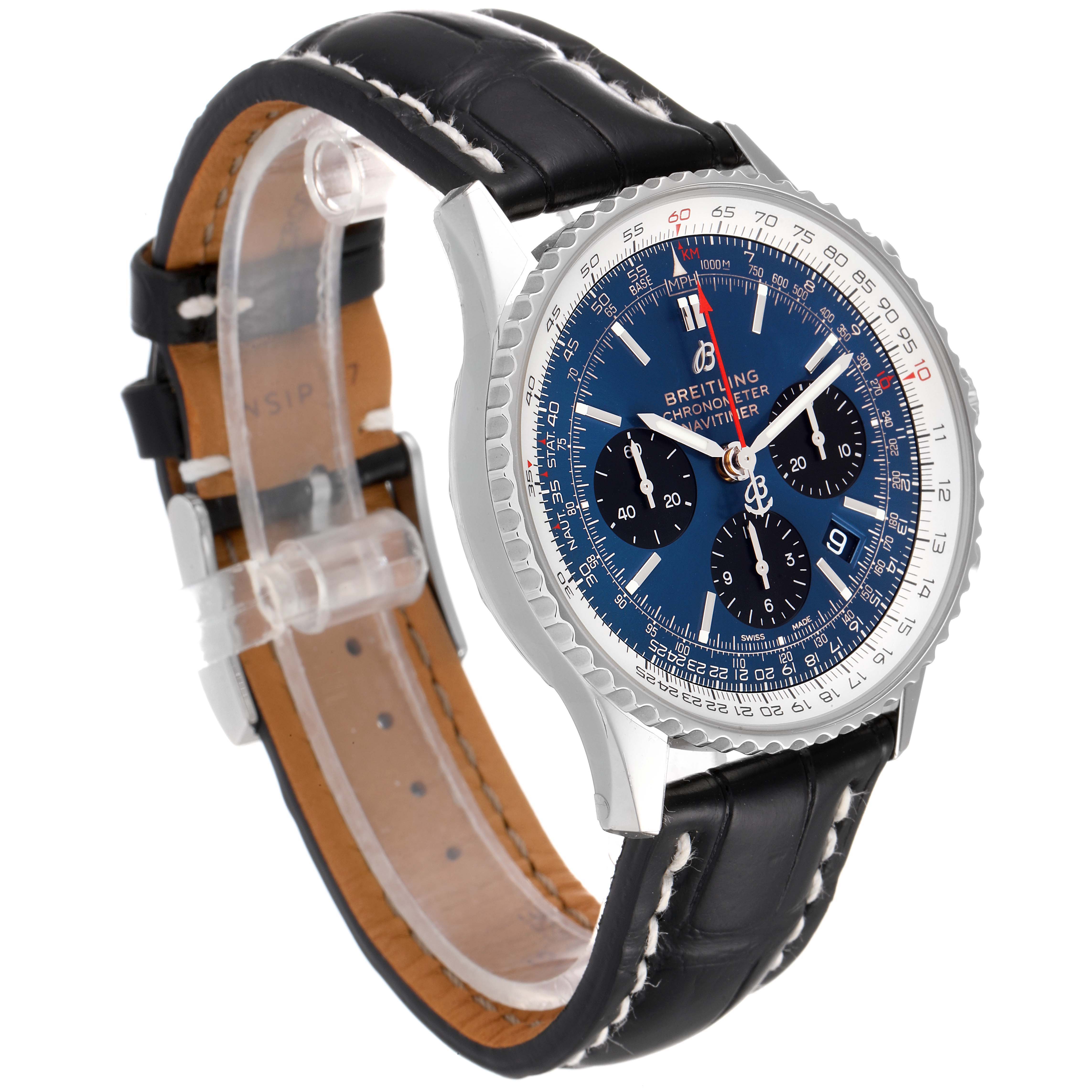 The Breitling Navitimer AB0121C4-C920-731P Men's Stainless Steel Blue Dial AB0121C4-C920-731P Men's Stainless Steel Blue Dial watch is shown at an angled view, displaying the face, bezel, and black leather strap with white stitching.