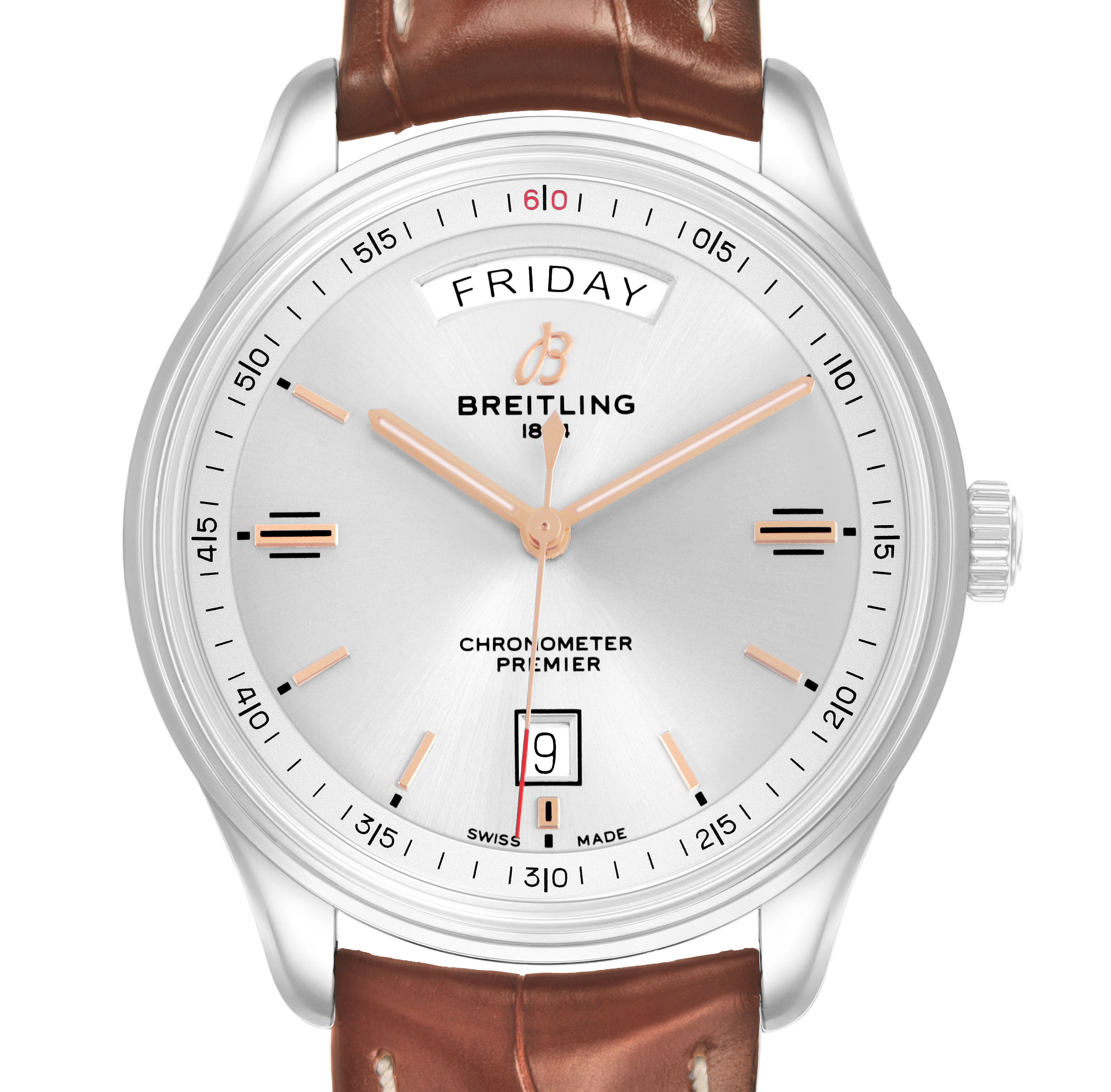 The Breitling Premier A45340 Men's Stainless Steel Silver Dial watch is shown from the front, displaying the dial, day, date, and hands.