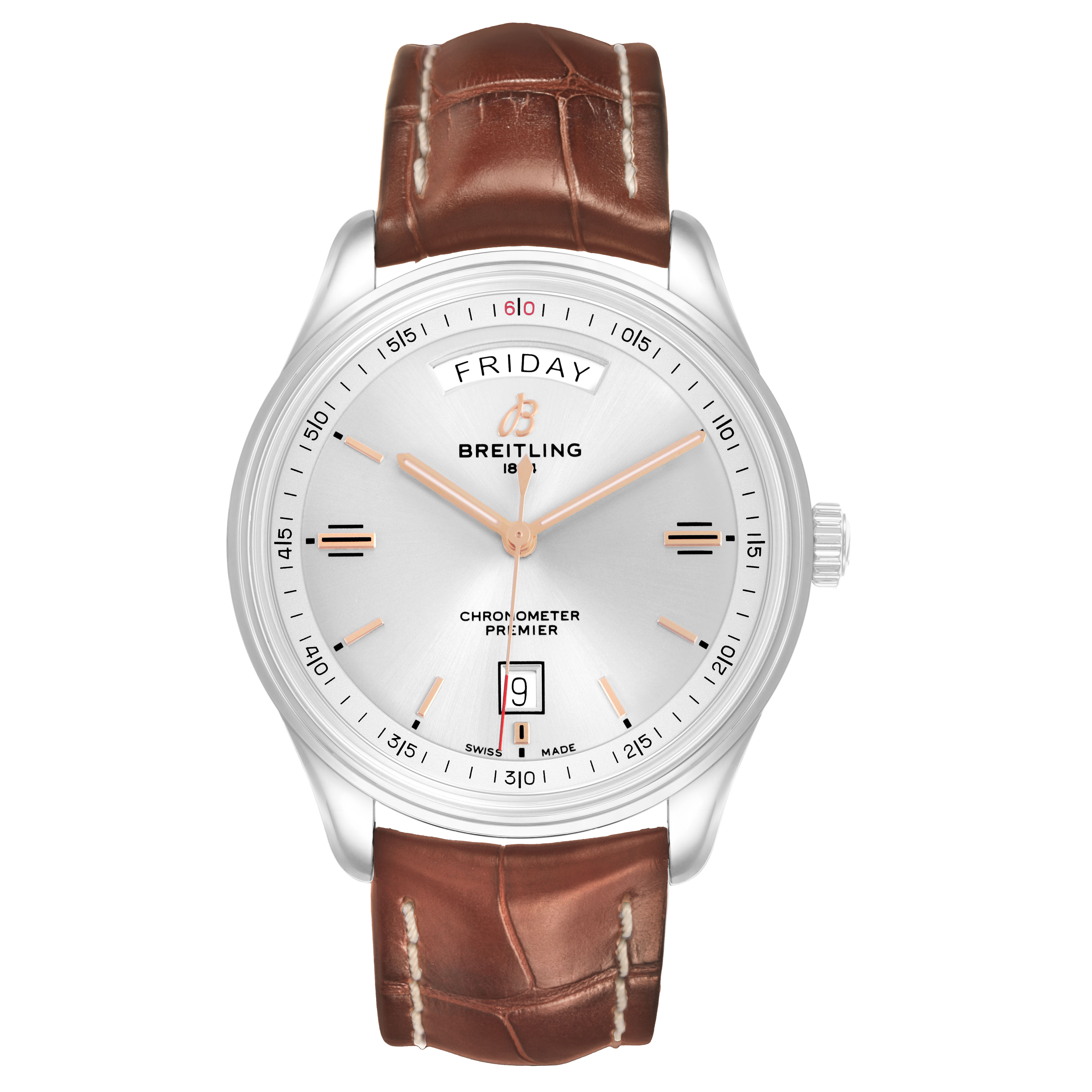 The image shows a front view of the Breitling Premier A45340 Men's Stainless Steel Silver Dial watch, displaying its dial, leather strap, and day-date functions.