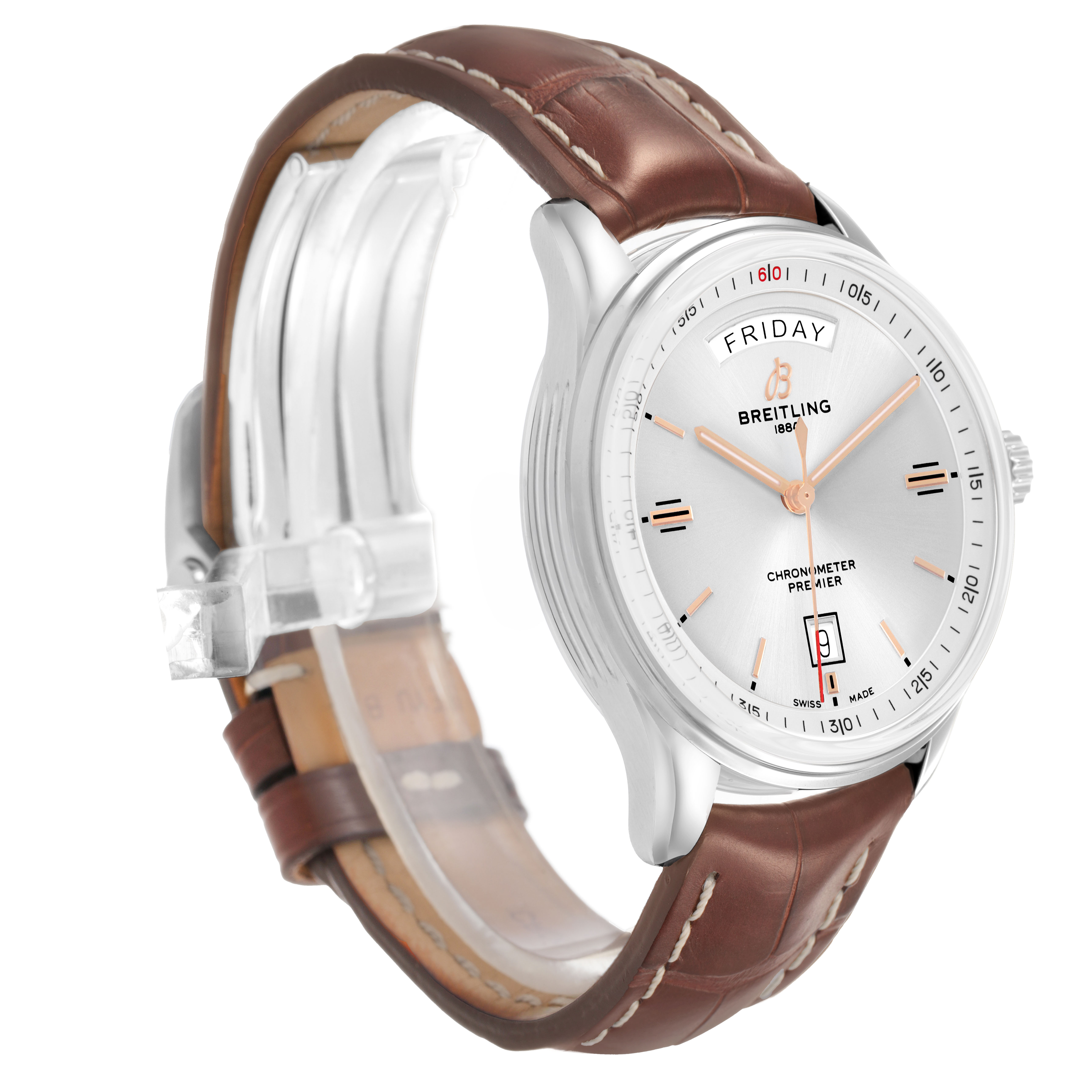 The Breitling Premier A45340 Men's Stainless Steel Silver Dial watch is shown from a three-quarter angle, highlighting the face, case, crown, and leather strap.