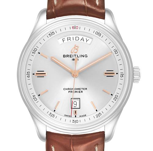 The Breitling Premier A45340 Men's Stainless Steel Silver Dial watch is shown from a front angle, displaying the dial, day-date window, hands, and part of the strap.