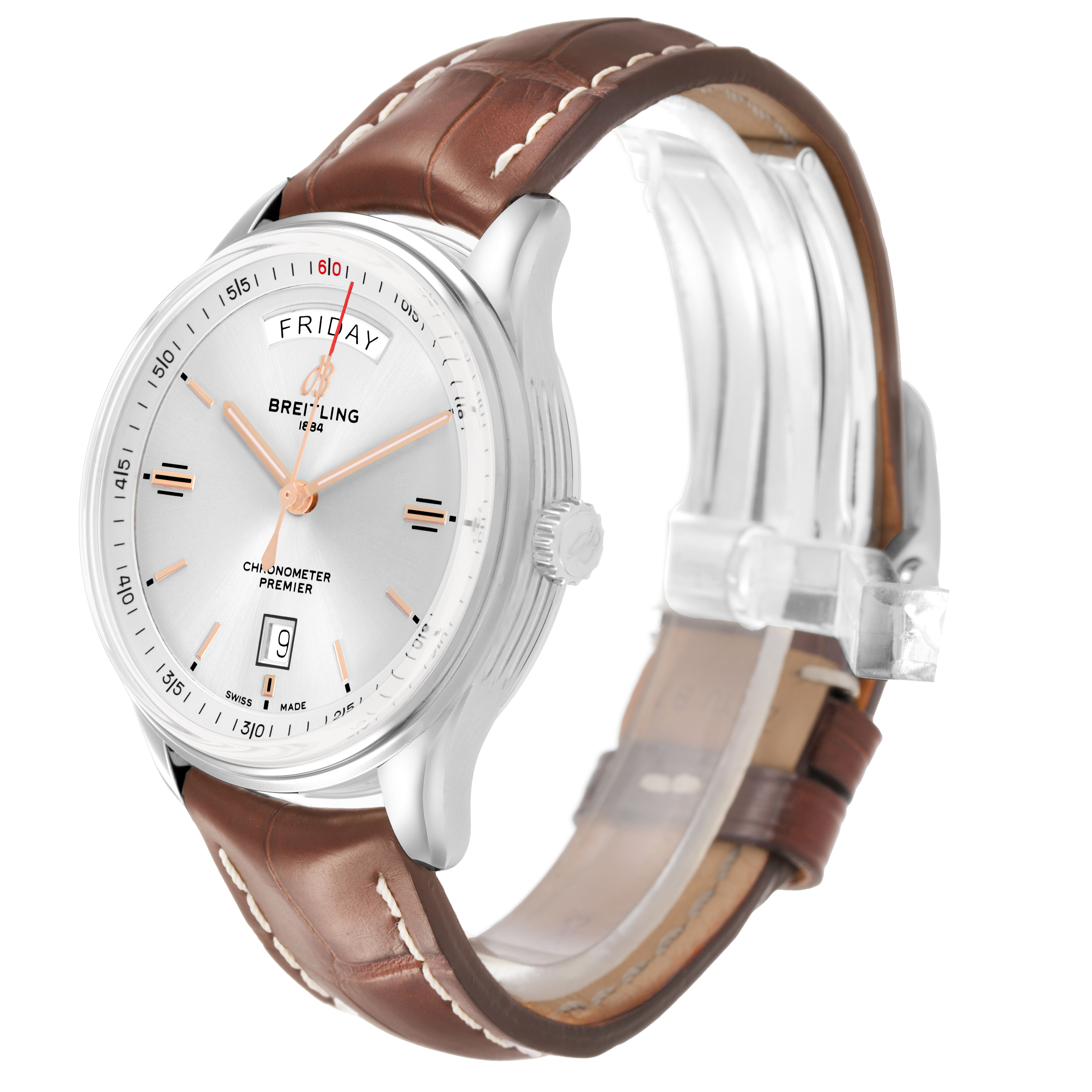 The Breitling Premier A45340 Men's Stainless Steel Silver Dial watch is shown at a three-quarter angle, highlighting the dial, case, and brown leather strap.