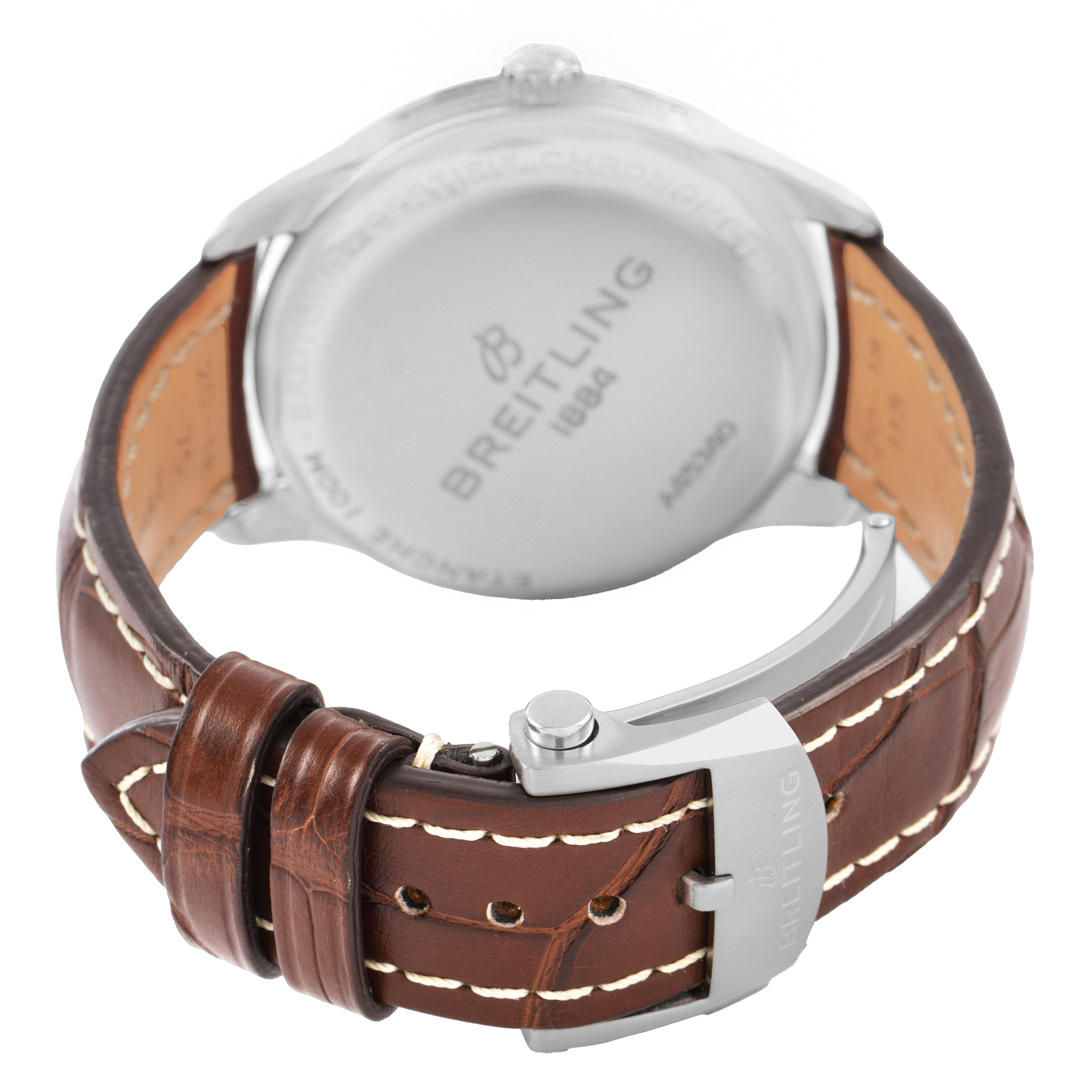 The image shows the back of a Breitling Premier A45340 Men's Stainless Steel Silver Dial watch with a brown leather strap and deployment clasp.