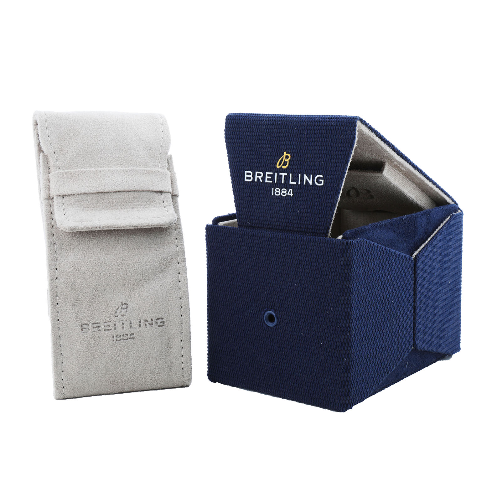 The image shows a Breitling Premier A45340 Men's Stainless Steel Silver Dial watch box and a suede pouch, both at a front angle.