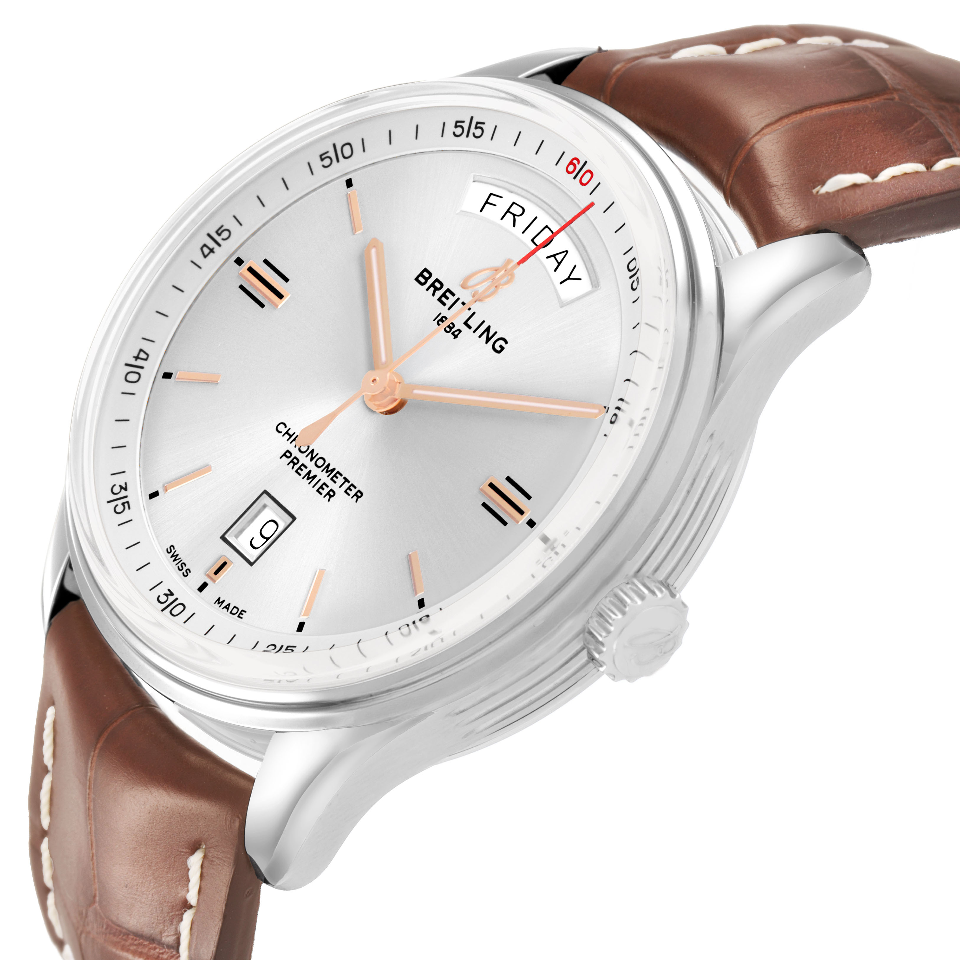 The Breitling Premier A45340 Men's Stainless Steel Silver Dial watch is shown at a slight angle, featuring the face, crown, and brown leather strap.