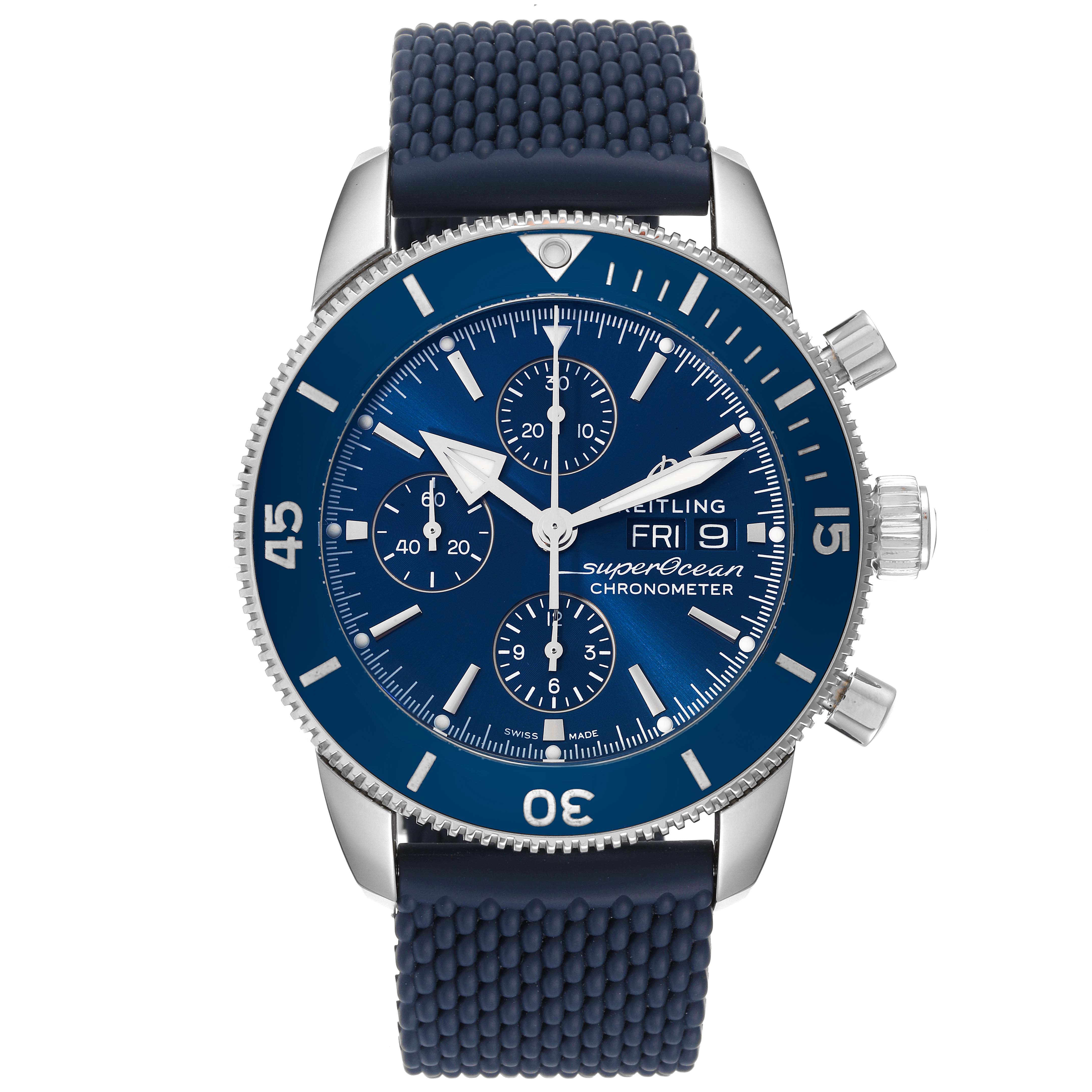 The image shows a front view of the Breitling Superocean A13313 Men's Stainless Steel Blue Dial A13313 Men's Stainless Steel Blue Dial Chronometer watch with a blue dial and silicone strap.