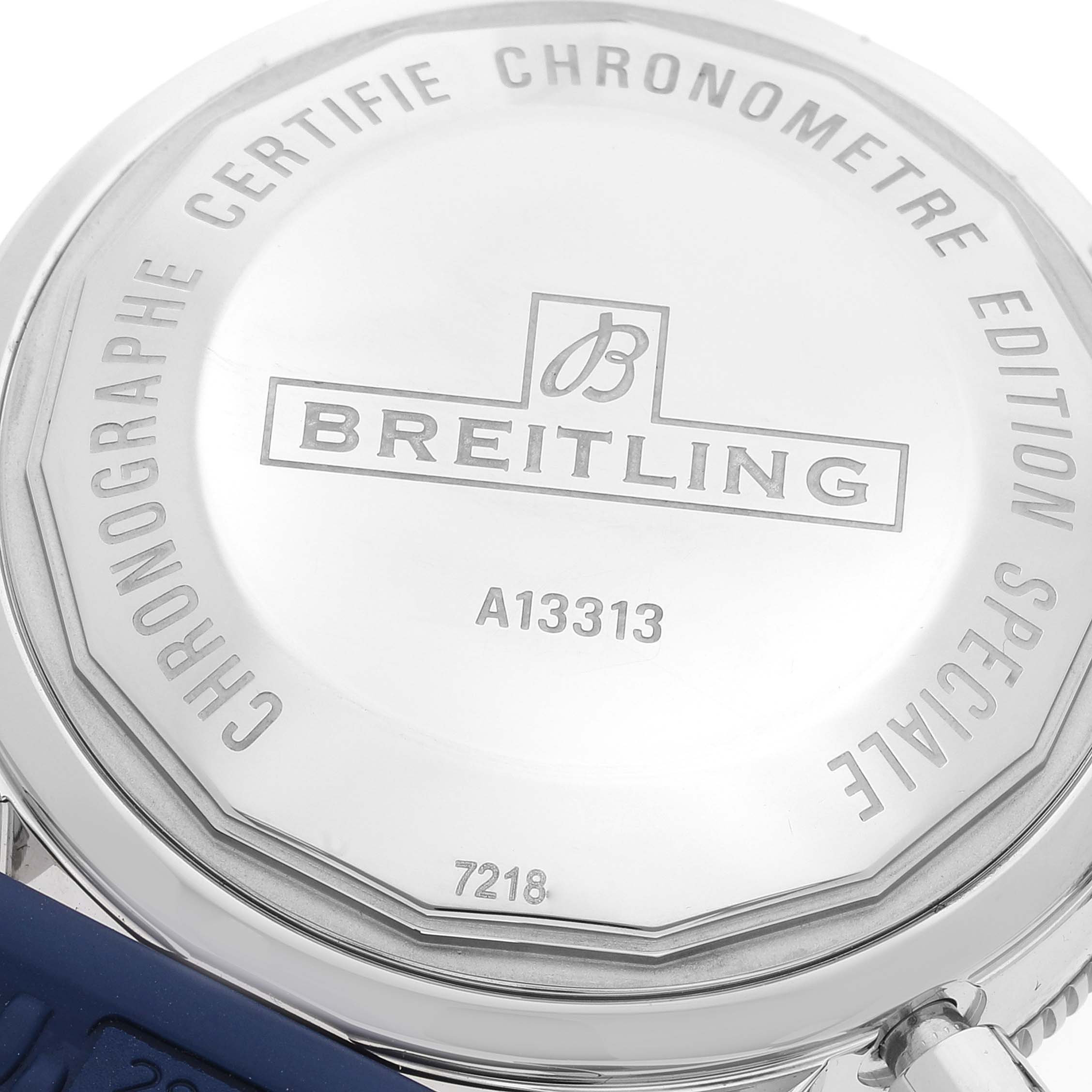 The image shows the case back of the Breitling Superocean A13313 Men's Stainless Steel Blue Dial A13313 Men's Stainless Steel Blue Dial watch, featuring its engraved details.
