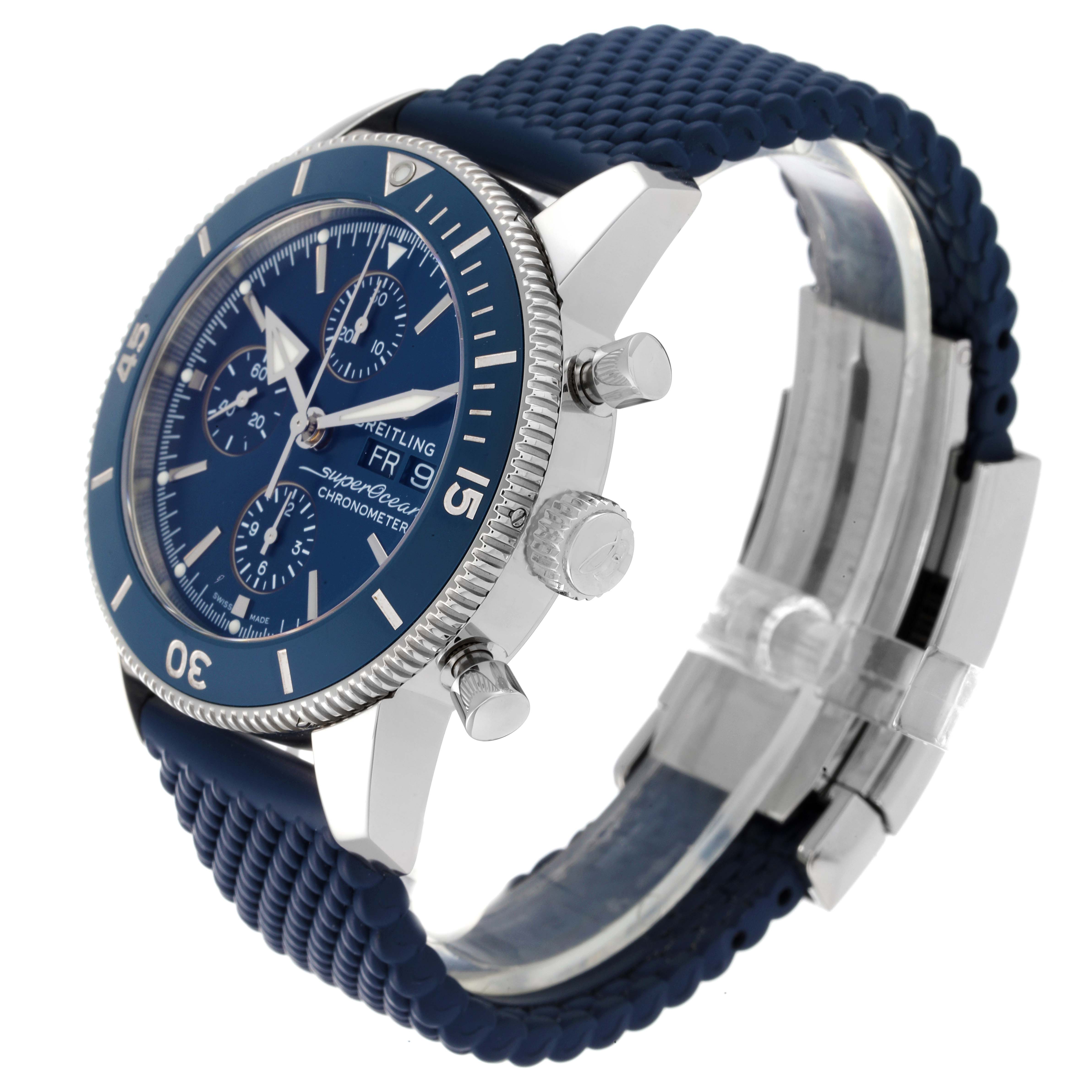 The Breitling Superocean A13313 Men's Stainless Steel Blue Dial A13313 Men's Stainless Steel Blue Dial watch is shown at a three-quarter angle, highlighting the blue dial, chronograph subdials, bezel, and textured strap.