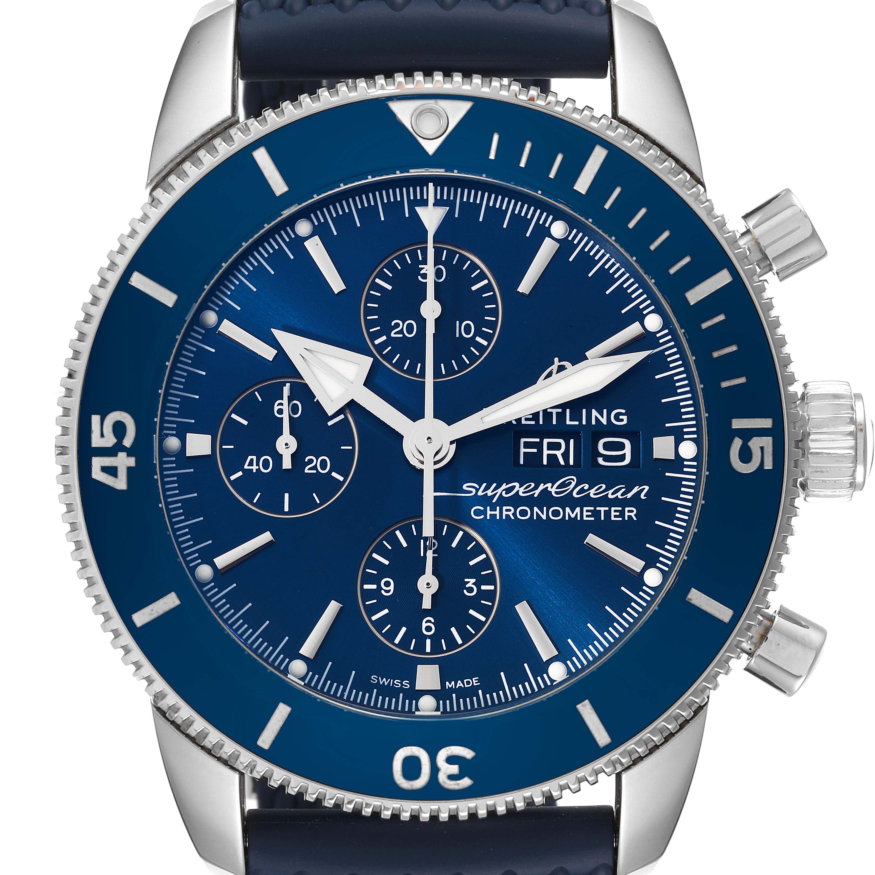 The image shows a Breitling Superocean A13313 Men's Stainless Steel Blue Dial A13313 Men's Stainless Steel Blue Dial model watch, featuring the dial, bezel, crown, and strap from a front angle.