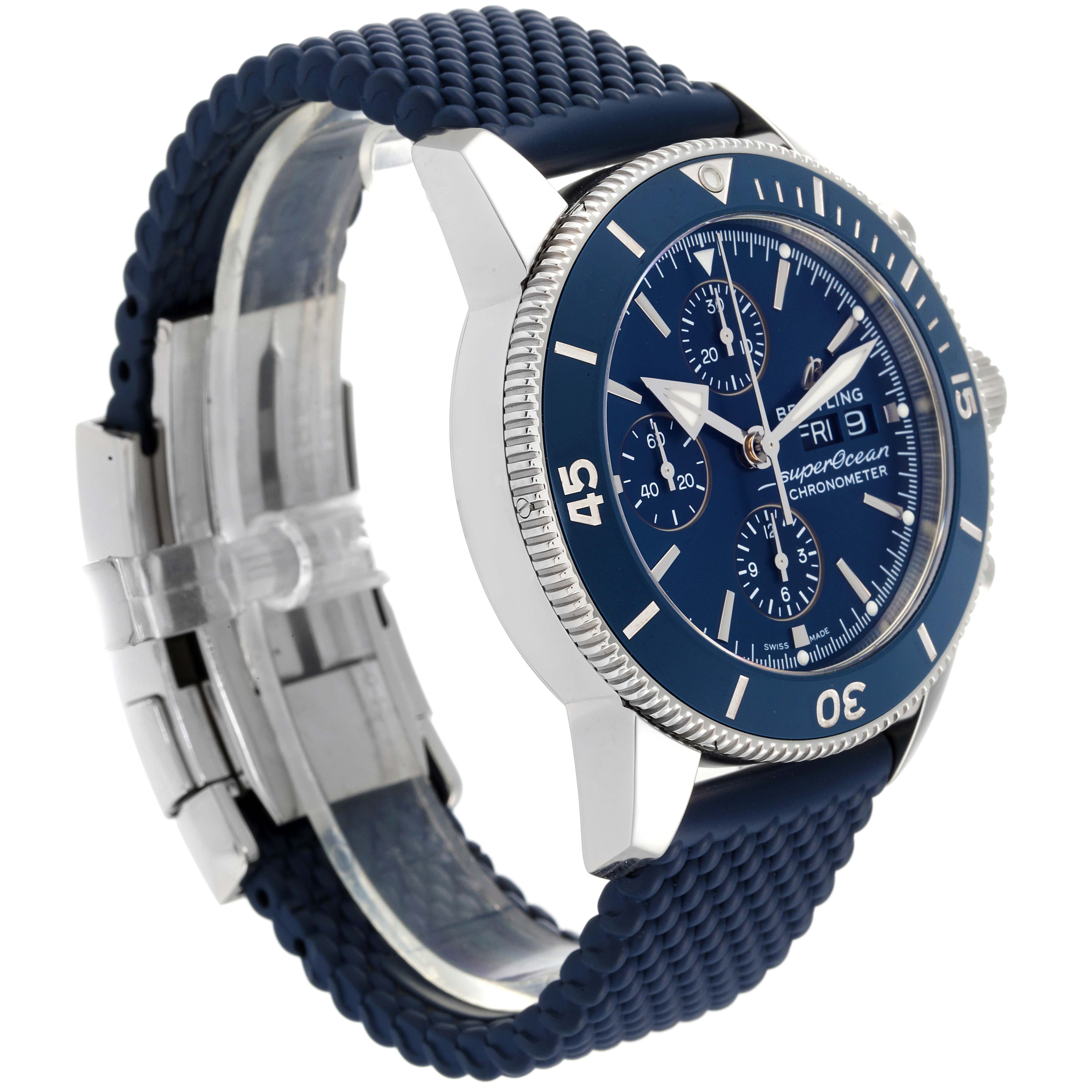 The Breitling Superocean A13313 Men's Stainless Steel Blue Dial A13313 Men's Stainless Steel Blue Dial watch is shown at a 3/4 angle, highlighting its blue dial, bezel, and textured strap.
