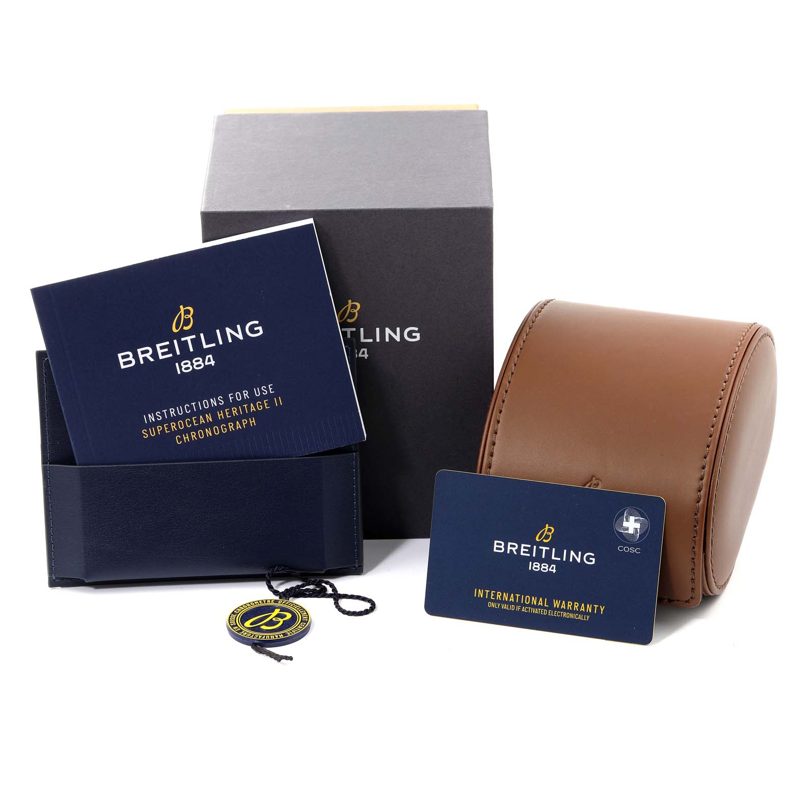The image shows the packaging, instruction manual, international warranty card, and a watch case for the Breitling Superocean A13313 Men's Stainless Steel Blue Dial A13313 Men's Stainless Steel Blue Dial model.