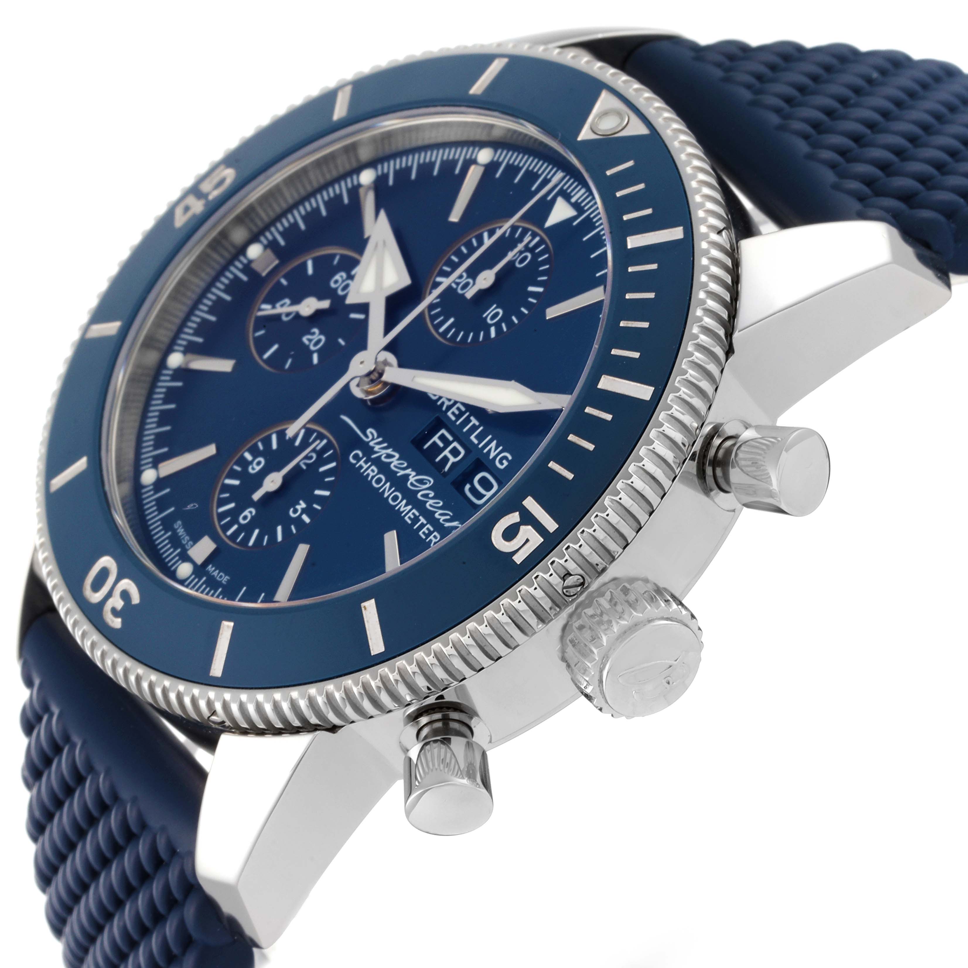 The image shows a close-up, angled view of the dial, bezel, crown, and pushers of the Breitling Superocean A13313 Men's Stainless Steel Blue Dial A13313 Men's Stainless Steel Blue Dial watch.