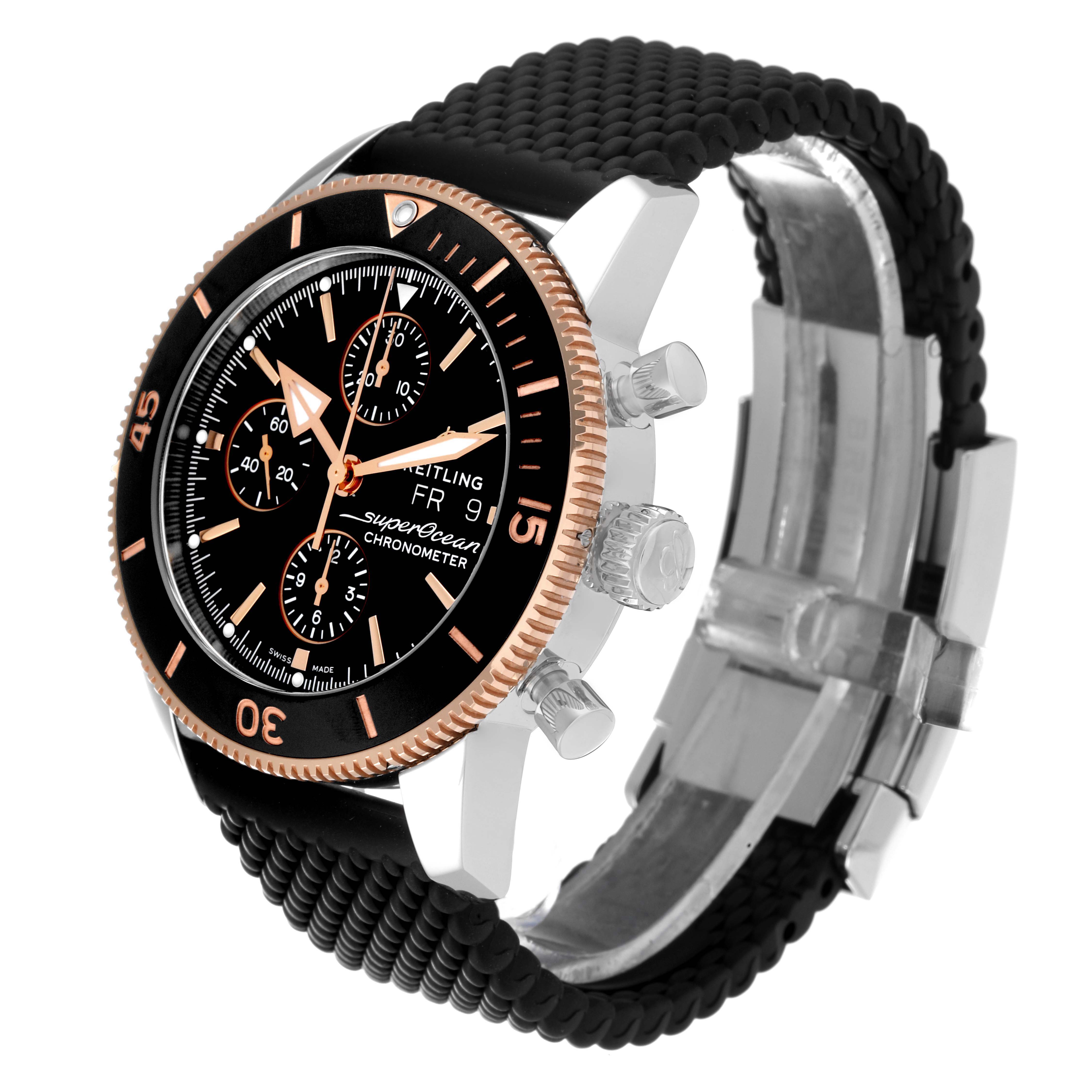 The Breitling Superocean U1331312/BG50/279S/A20D.4 Men's Steel and Gold (two tone) Black Dial U1331312/BG50/279S/A20D.4 Men's Steel and Gold (two tone) Black Dial watch is shown at an angle highlighting its face, bezel, and black strap.