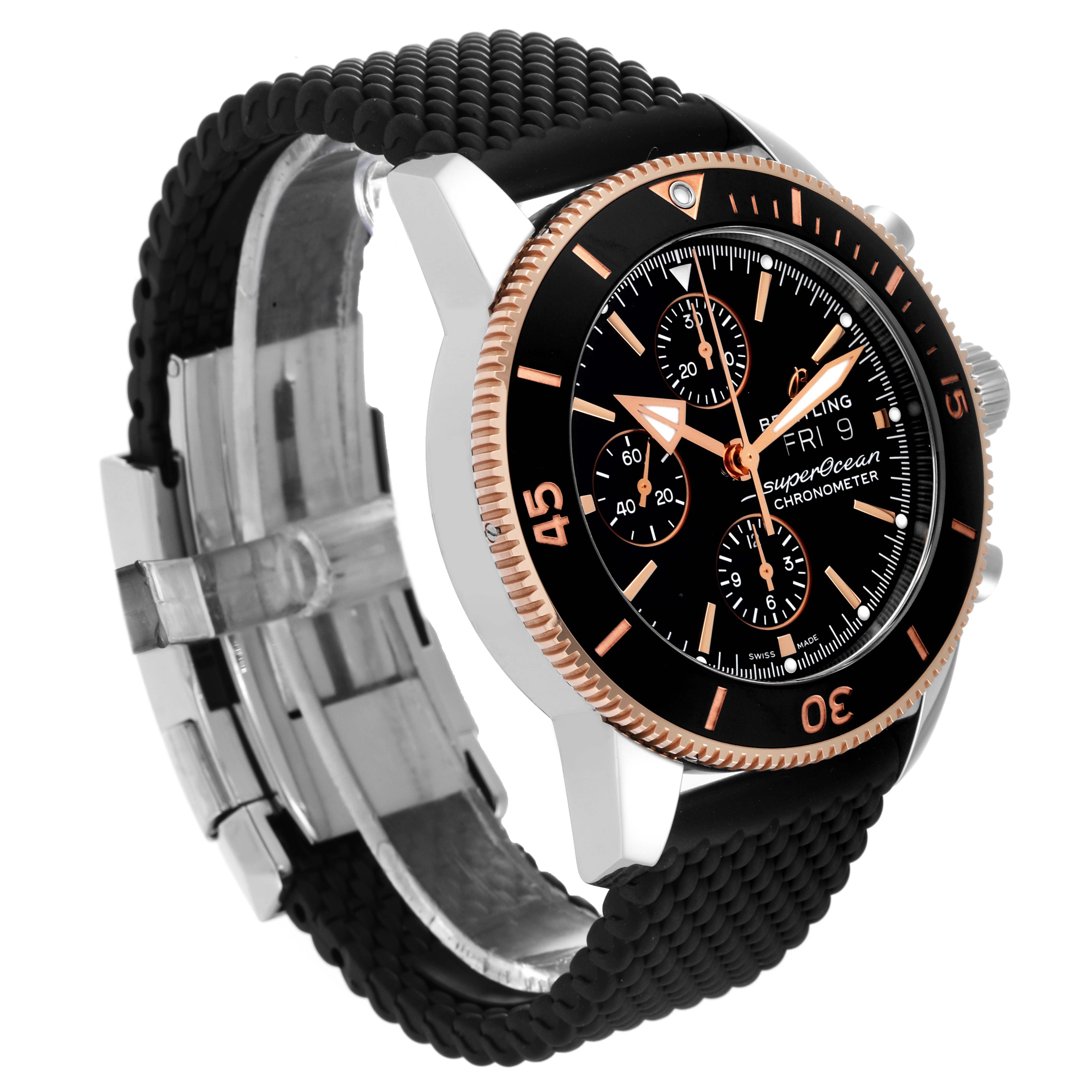 The image shows a side angle of the Breitling Superocean U1331312/BG50/279S/A20D.4 Men's Steel and Gold (two tone) Black Dial U1331312/BG50/279S/A20D.4 Men's Steel and Gold (two tone) Black Dial watch, highlighting its bezel, dial, and rubber strap.