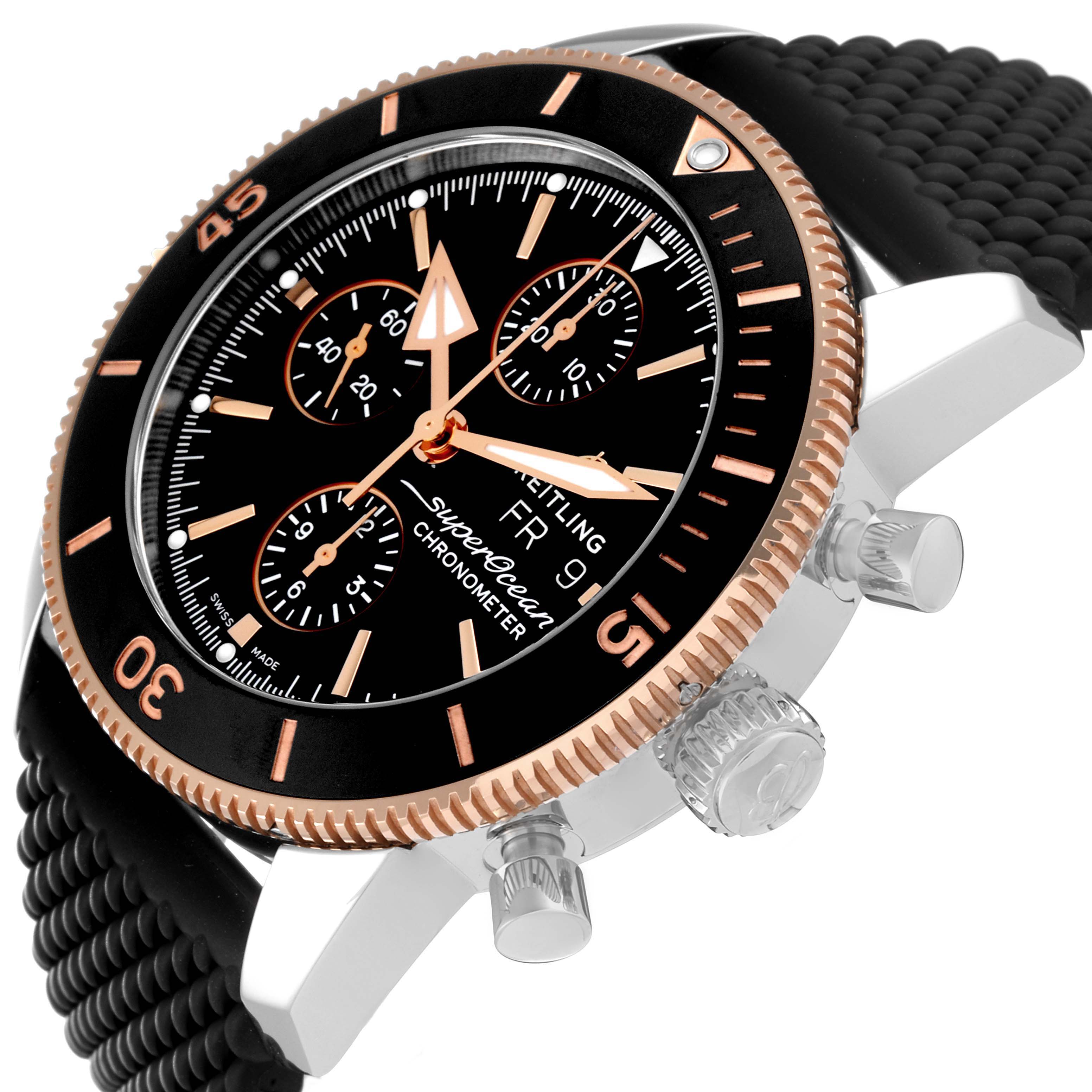 The Breitling Superocean U1331312/BG50/279S/A20D.4 Men's Steel and Gold (two tone) Black Dial U1331312/BG50/279S/A20D.4 Men's Steel and Gold (two tone) Black Dial watch is shown at an angle, displaying the dial, chronograph buttons, bezel, and part of the strap.