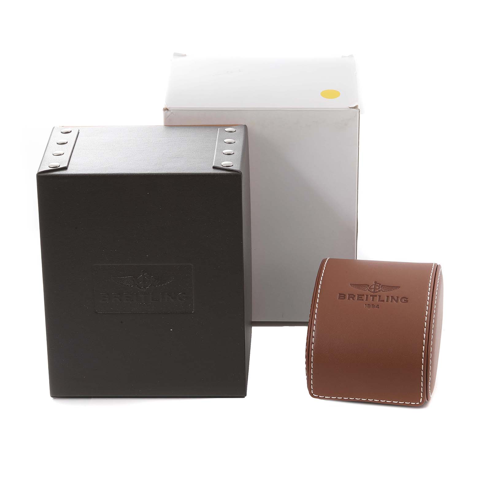 The image shows the packaging boxes, including a brown travel case, for a Breitling Superocean U1331312/BG50/279S/A20D.4 Men's Steel and Gold (two tone) Black Dial U1331312/BG50/279S/A20D.4 Men's Steel and Gold (two tone) Black Dial watch.