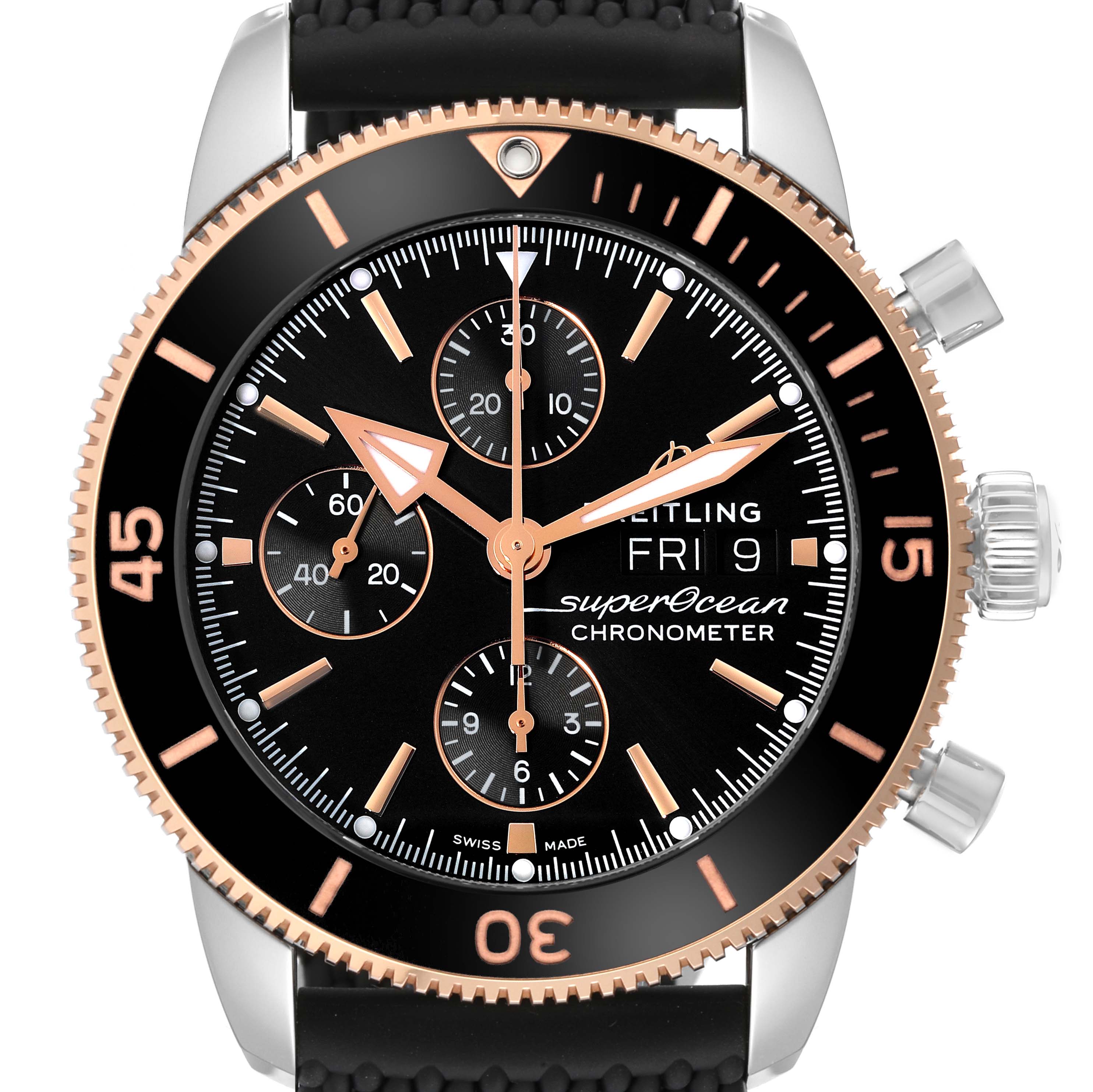 The Breitling Superocean U1331312/BG50/279S/A20D.4 Men's Steel and Gold (two tone) Black Dial U1331312/BG50/279S/A20D.4 Men's Steel and Gold (two tone) Black Dial watch is shown from a top-down angle, displaying its black dial, bezel, chronograph subdials, and date window.