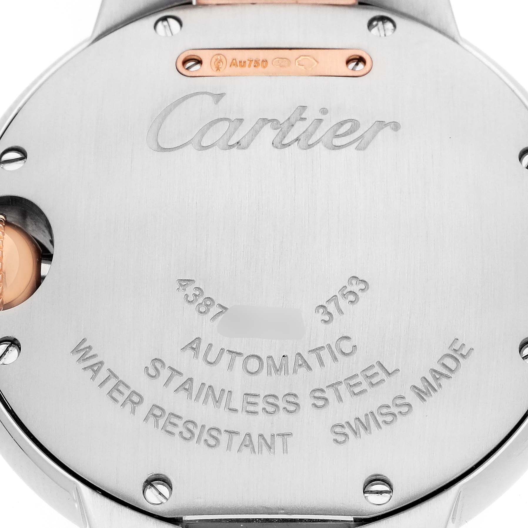 The image shows the back case of a Ballon Bleu by Cartier, highlighting the brand, materials, and water resistance details.