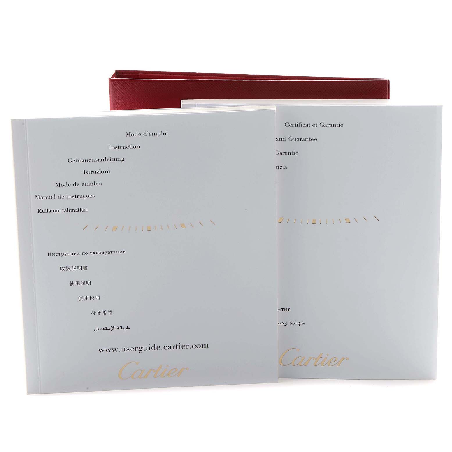 The image shows instruction and warranty booklets for the Cartier Ballon Bleu WE902077 Women's Steel and Gold (two tone) Silver Dial watch, alongside a red box.