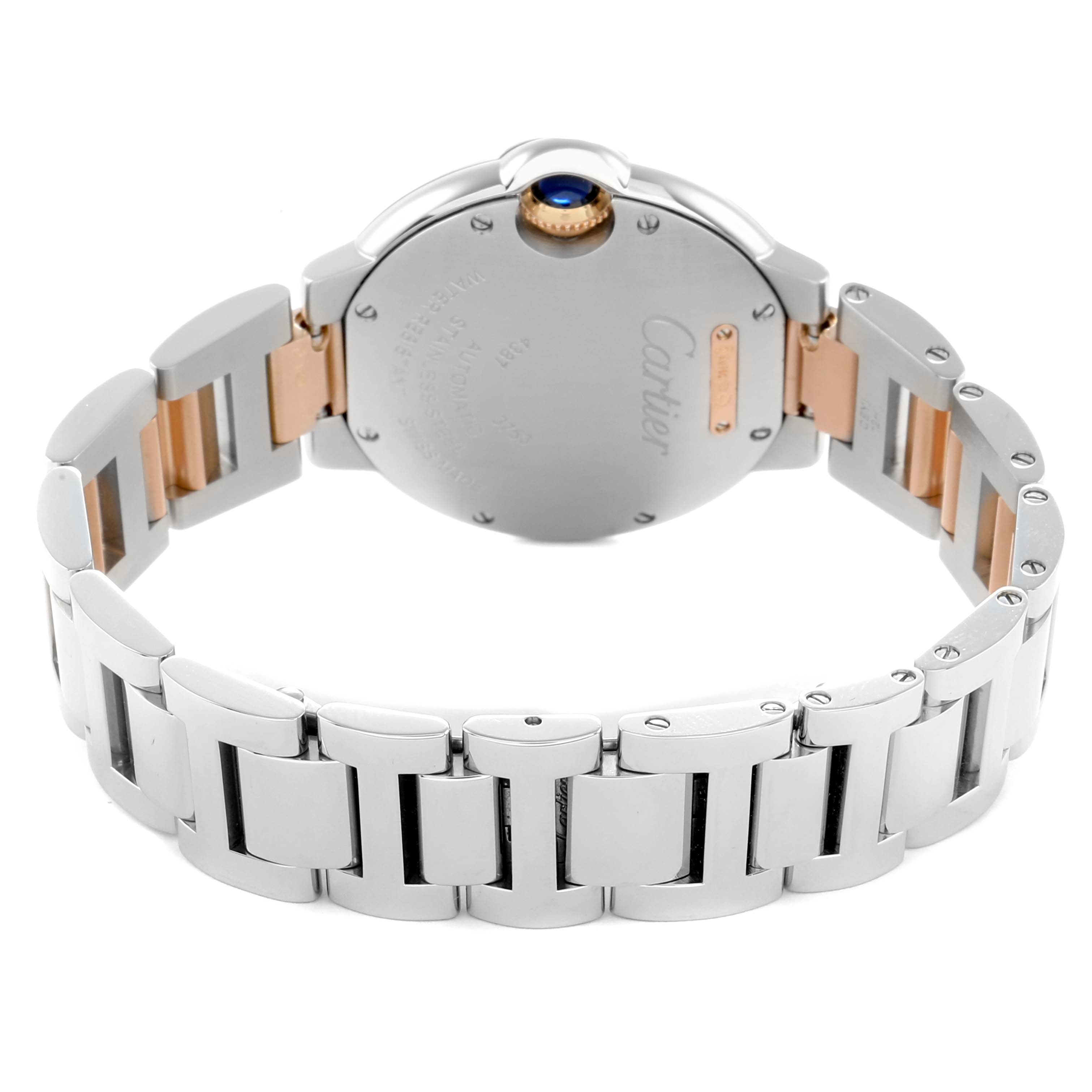 The image shows the back and bracelet of a Cartier Ballon Bleu WE902077 Women's Steel and Gold (two tone) Silver Dial watch, highlighting the case back and metal links.