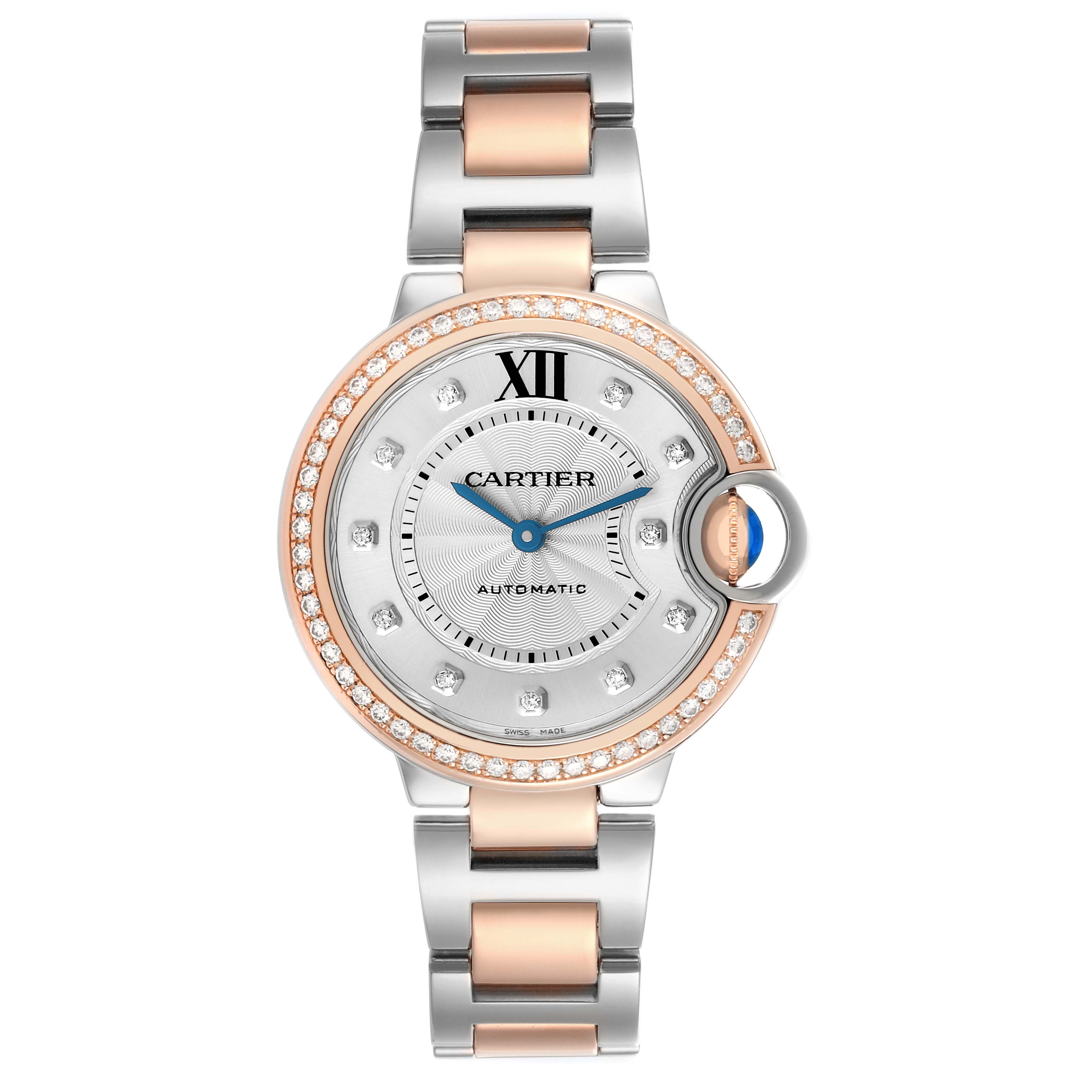 The Ballon Bleu by Cartier is shown from a top-down angle, highlighting the dial, bezel, and bracelet.