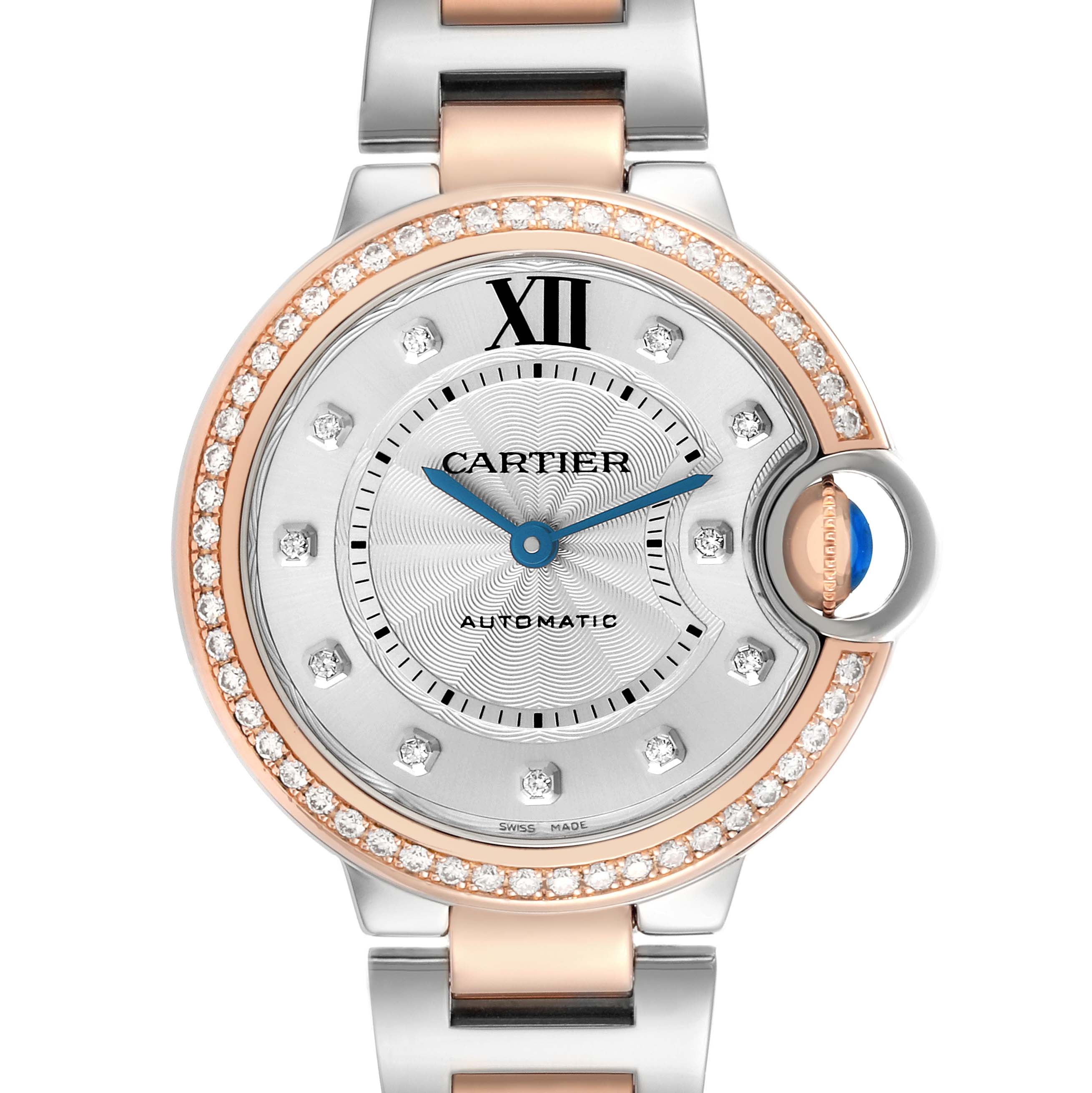 The Cartier Ballon Bleu WE902077 Women's Steel and Gold (two tone) Silver Dial watch is shown from a front angle, highlighting its face, bezel, and part of the bracelet.