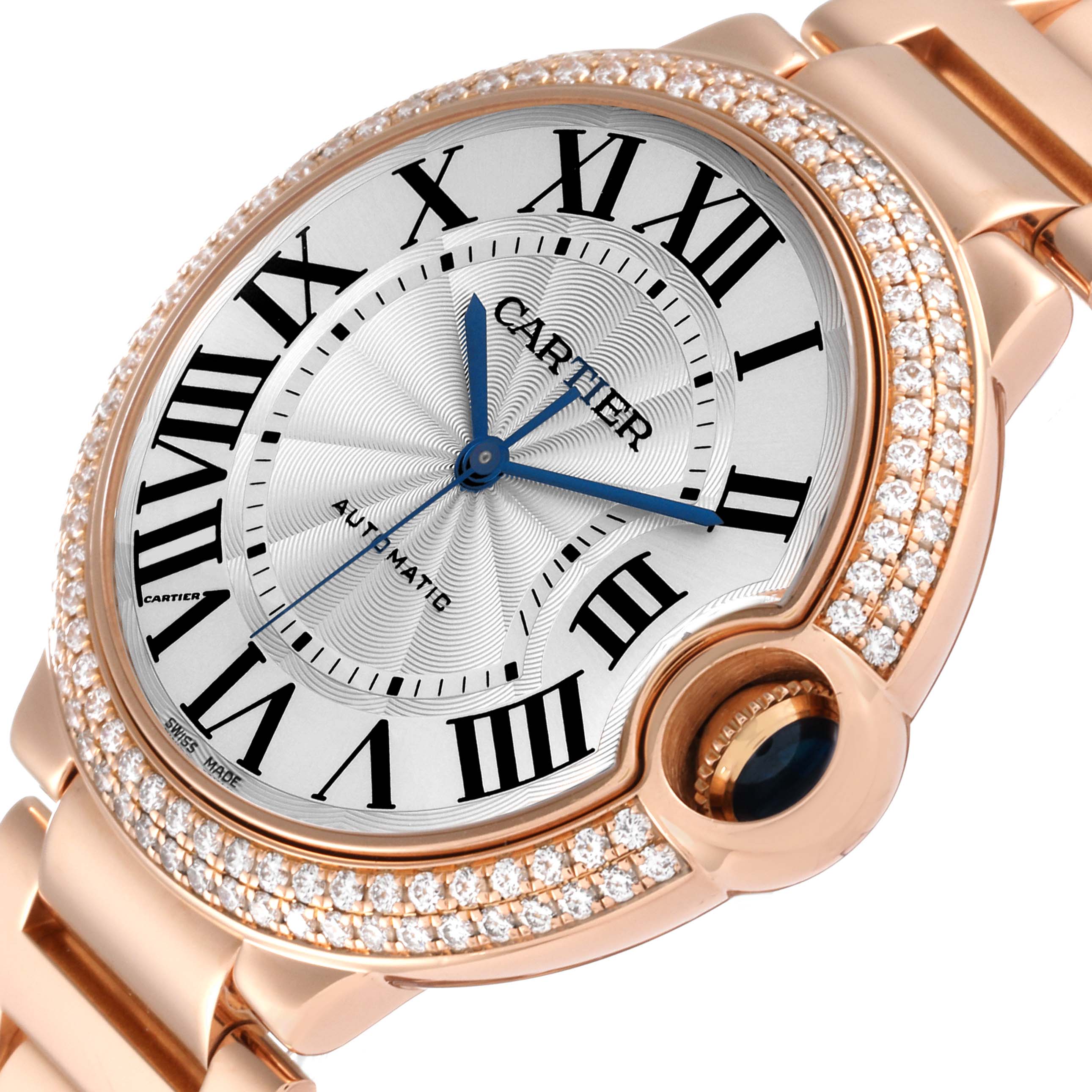 The image shows a close-up view of the Cartier Ballon Bleu WE9005Z3 Women's Rose Gold Blue Dial WE9005Z3 Women's Rose Gold Blue Dial watch, highlighting its diamond-studded bezel and blue hands.