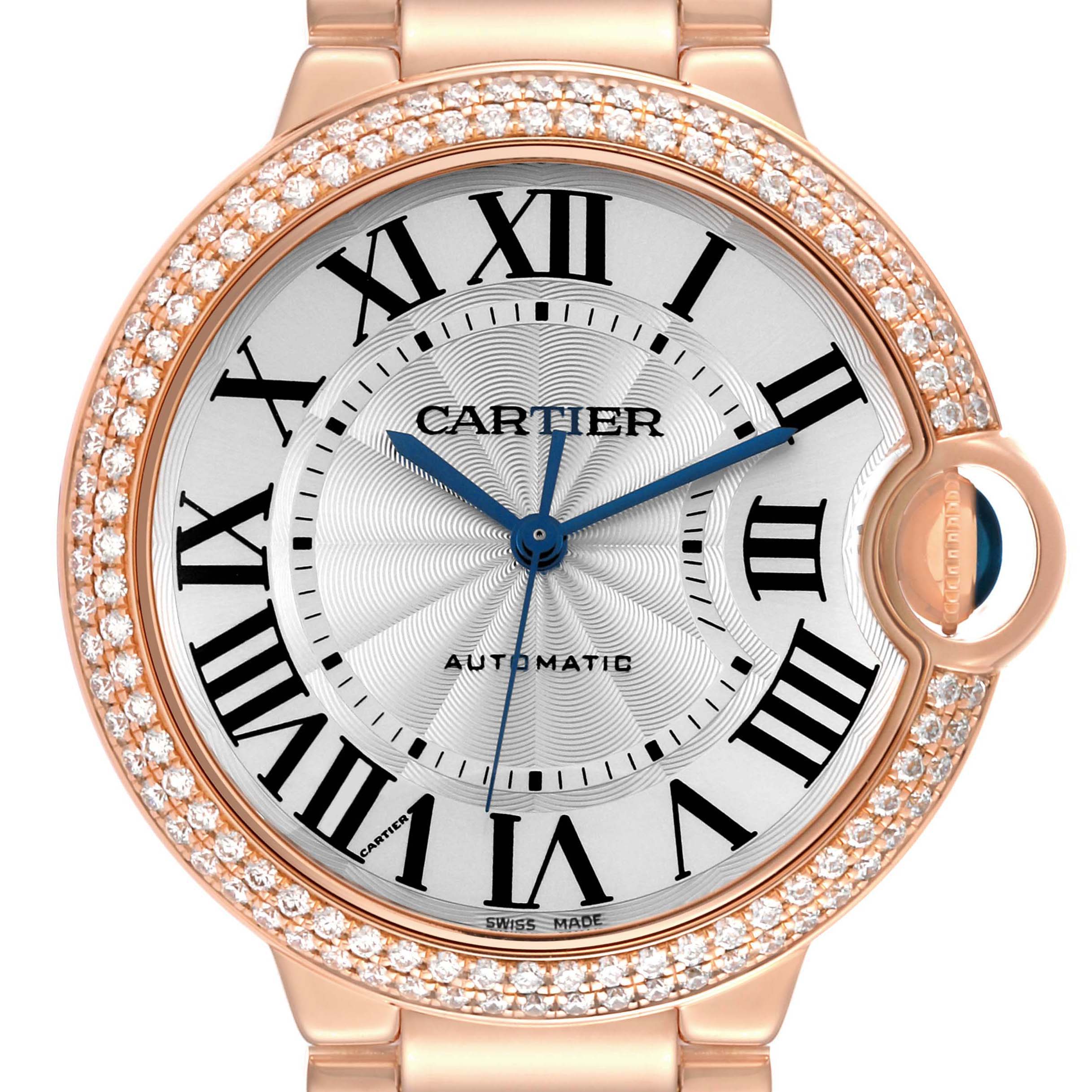 This image shows a close-up front view of the Cartier Ballon Bleu WE9005Z3 Women's Rose Gold Blue Dial WE9005Z3 Women's Rose Gold Blue Dial watch, highlighting the dial, Roman numerals, and diamond bezel.