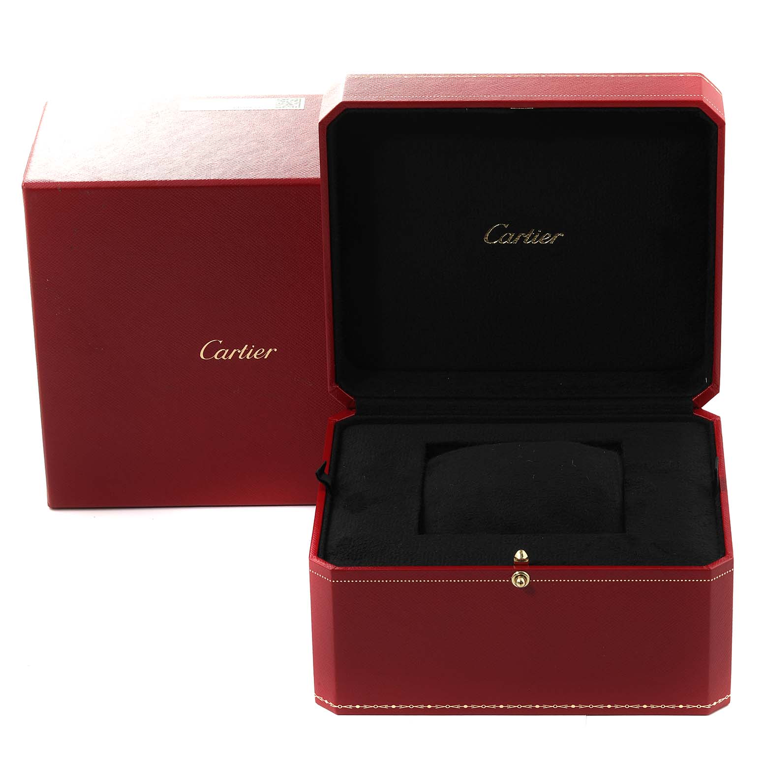 The image shows an open Cartier Ballon Bleu WE9005Z3 Women's Rose Gold Blue Dial WE9005Z3 Women's Rose Gold Blue Dial watch box, showcasing the cushioned interior and elegant packaging.