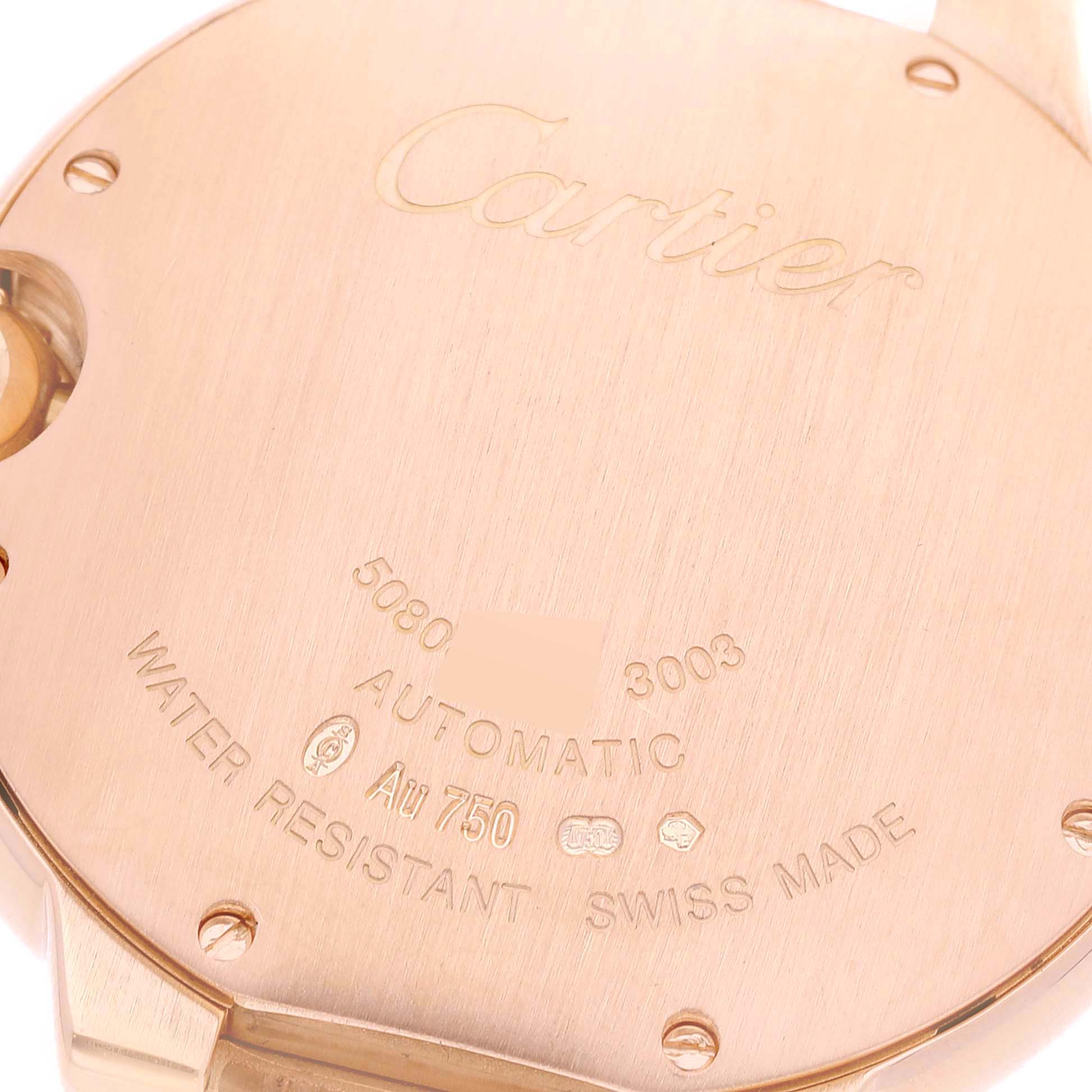 This is the back case of a Cartier Ballon Bleu WE9005Z3 Women's Rose Gold Blue Dial WE9005Z3 Women's Rose Gold Blue Dial watch, showing inscriptions and hallmarks.