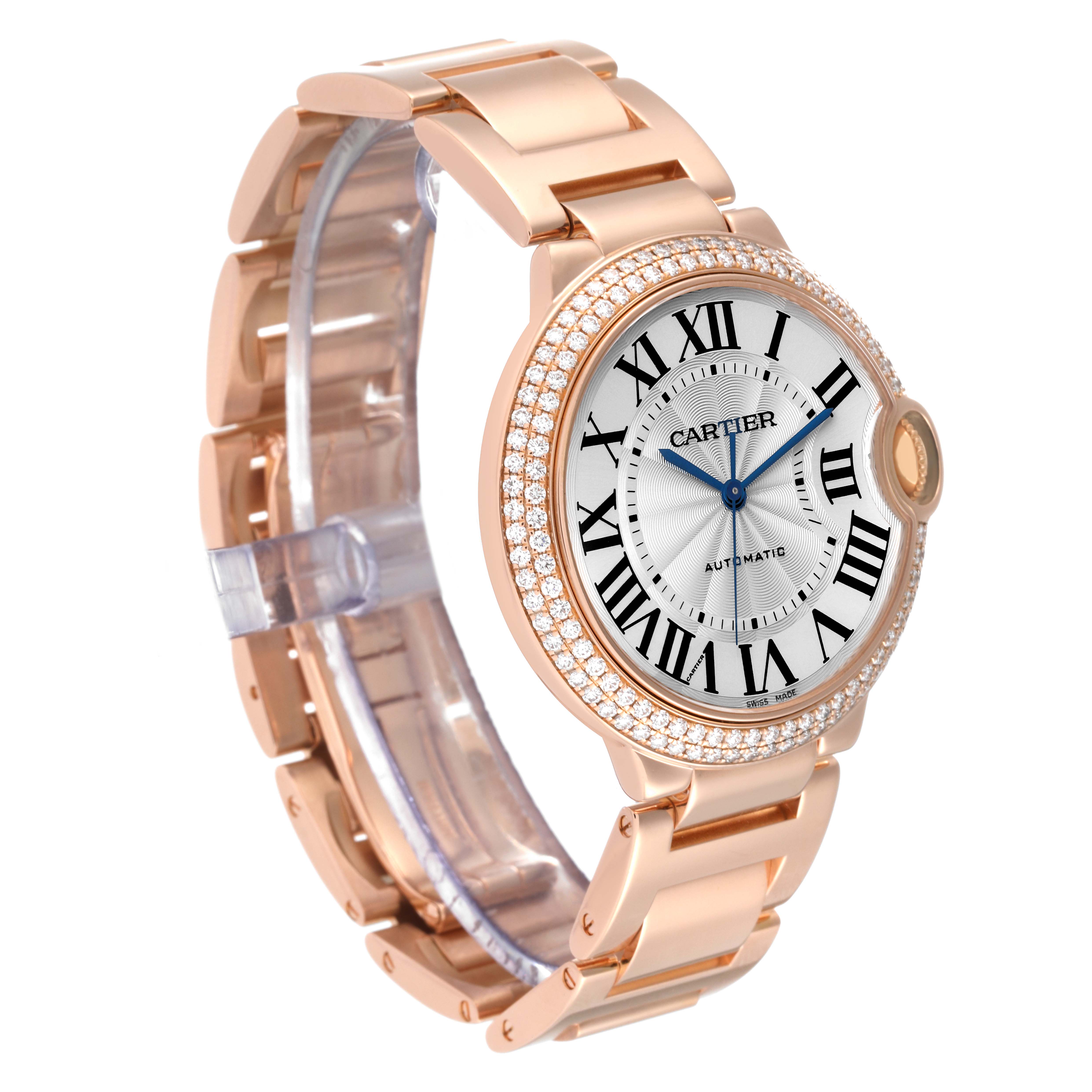 The Ballon Bleu model by Cartier is shown at a slight angle, highlighting its rose gold strap, round case, and diamond-encrusted bezel.