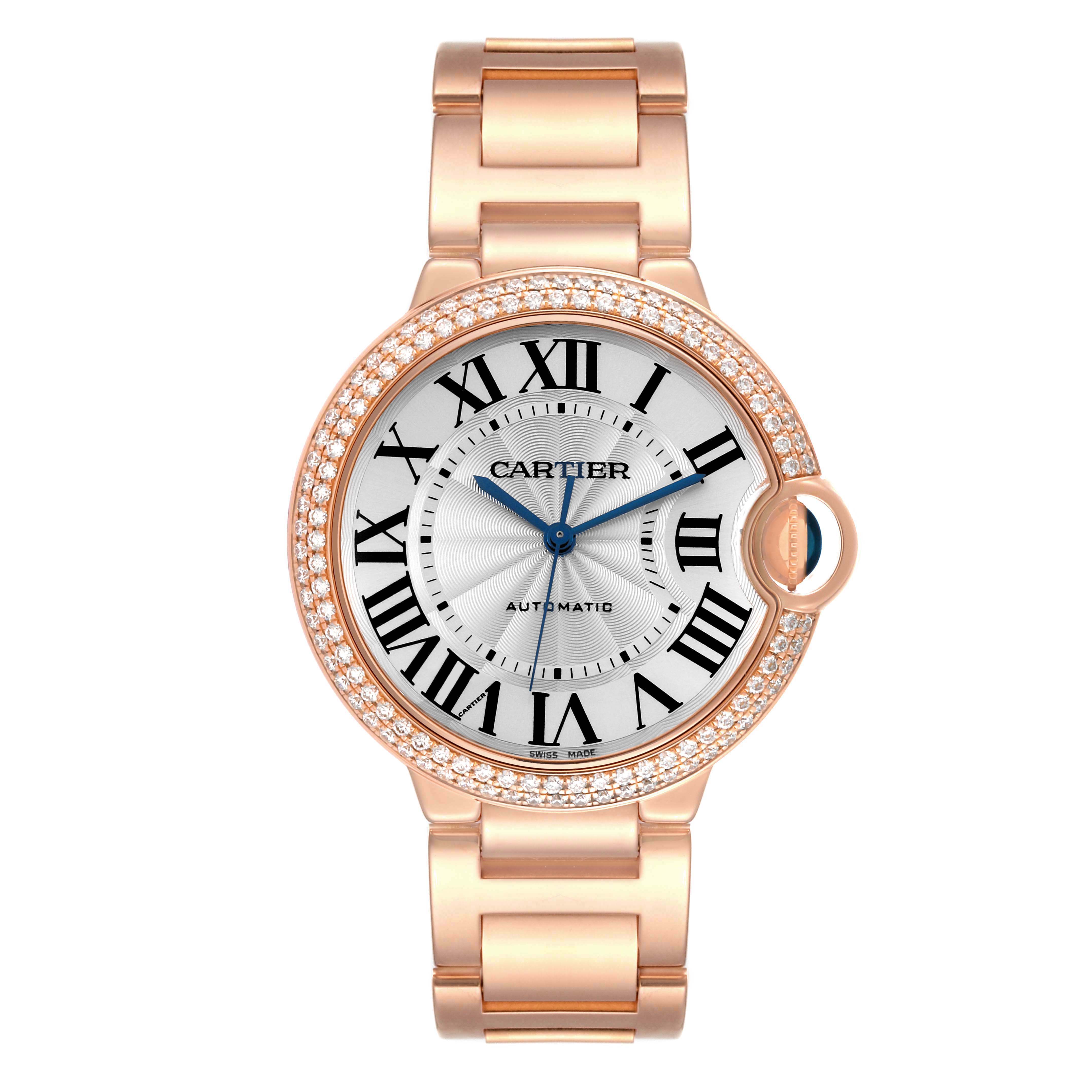 The image shows a frontal view of a Cartier Ballon Bleu WE9005Z3 Women's Rose Gold Blue Dial WE9005Z3 Women's Rose Gold Blue Dial watch, highlighting its dial, Roman numerals, and rose gold bracelet.