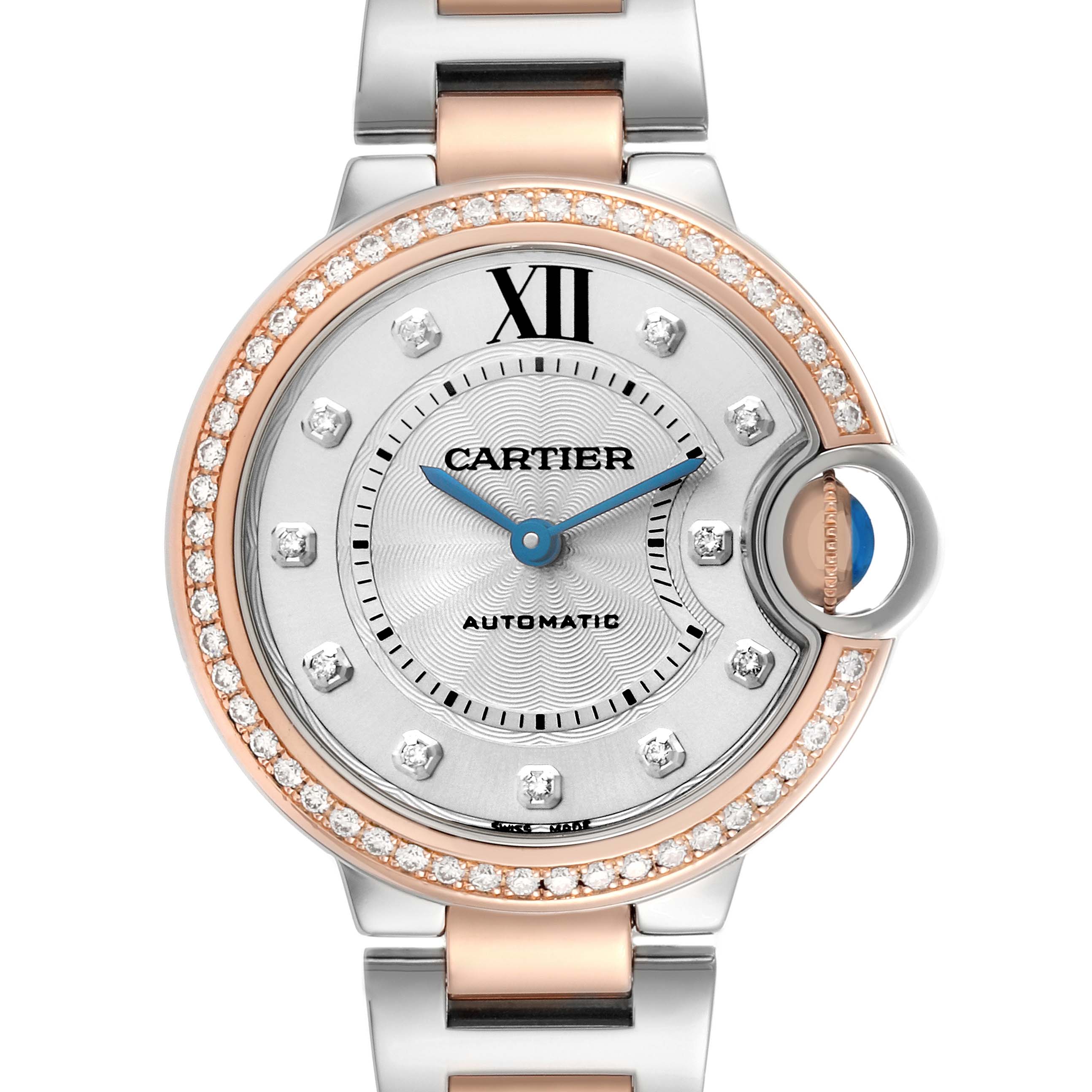 The Cartier Ballon Bleu WE902077 Women's Steel and Gold (two tone) Silver Dial watch is shown from a frontal angle, highlighting its face, bezel, and part of the bracelet.
