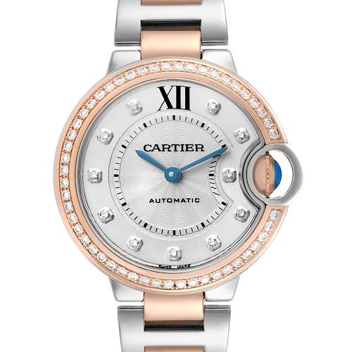 The Cartier Ballon Bleu WE902077 Women's Steel and Gold (two tone) Silver Dial watch is shown from the front, displaying the face, bezel, and part of the bracelet.