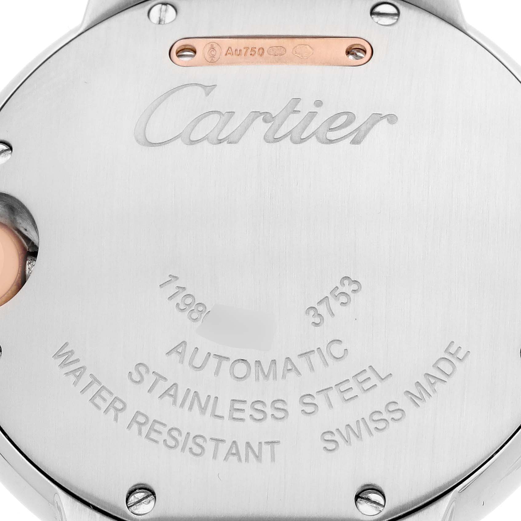 The image shows the case back of a Cartier Ballon Bleu WE902077 Women's Steel and Gold (two tone) Silver Dial watch, highlighting its engraving and material details.