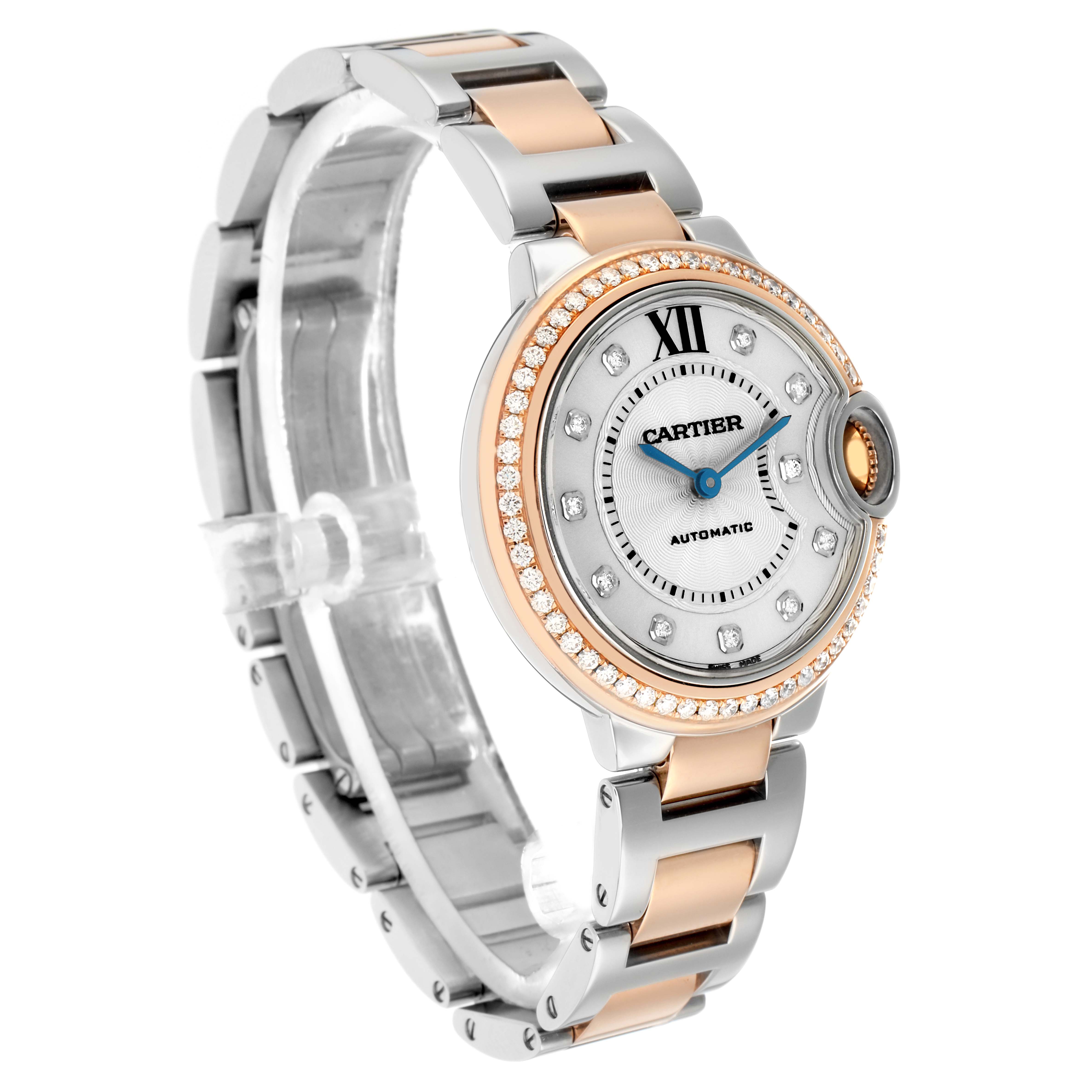 The Cartier Ballon Bleu WE902077 Women's Steel and Gold (two tone) Silver Dial watch is shown at a three-quarter angle, highlighting the face, bracelet, and diamond details.