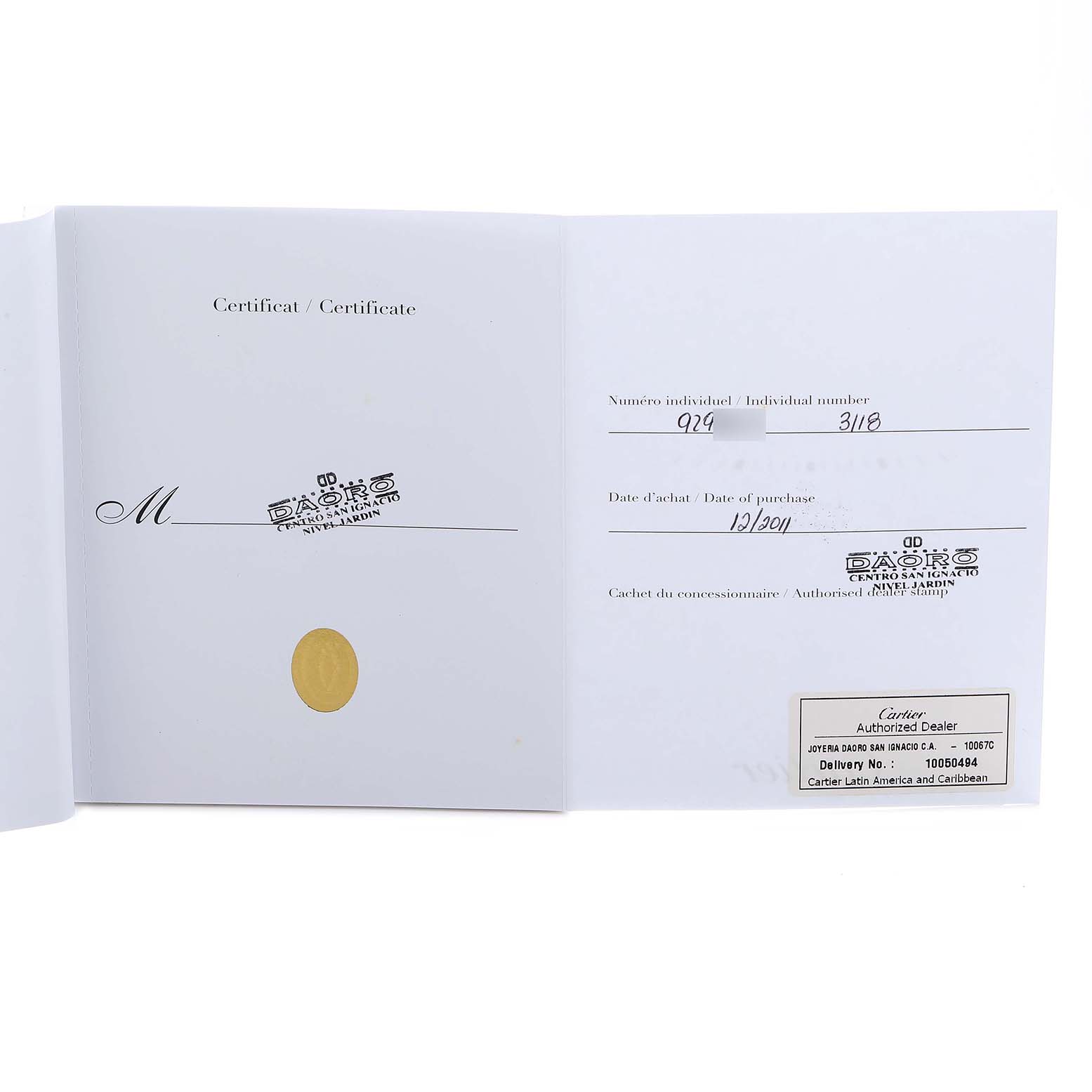 The image shows the certificate for the Cartier Ballon Bleu WG600010 Women's Yellow Gold Silver Dial watch, detailing individual numbers and purchase date.